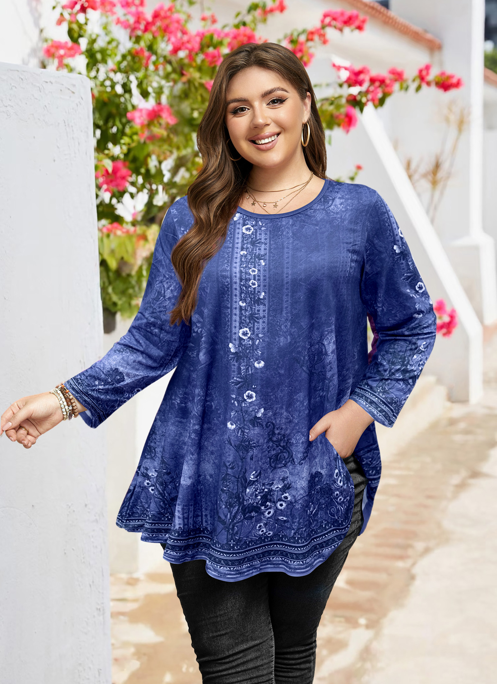 Tunic Tops for Women Plus Size 3/4 Sleeve Crew Neck Swing Flare Loose T-Shirt Blouses to Wear with Leggings - splensive