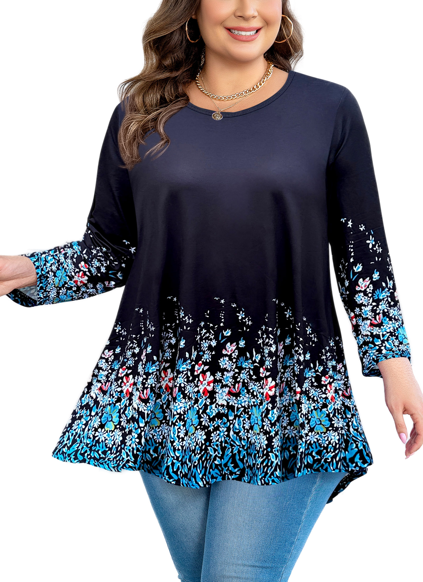 Womens Tunic 3/4 Sleeve Plus Size Tops Crew Neck Swing Flowy Loose Fit T-Shirt Blouses to Wear with Leggings - splensive
