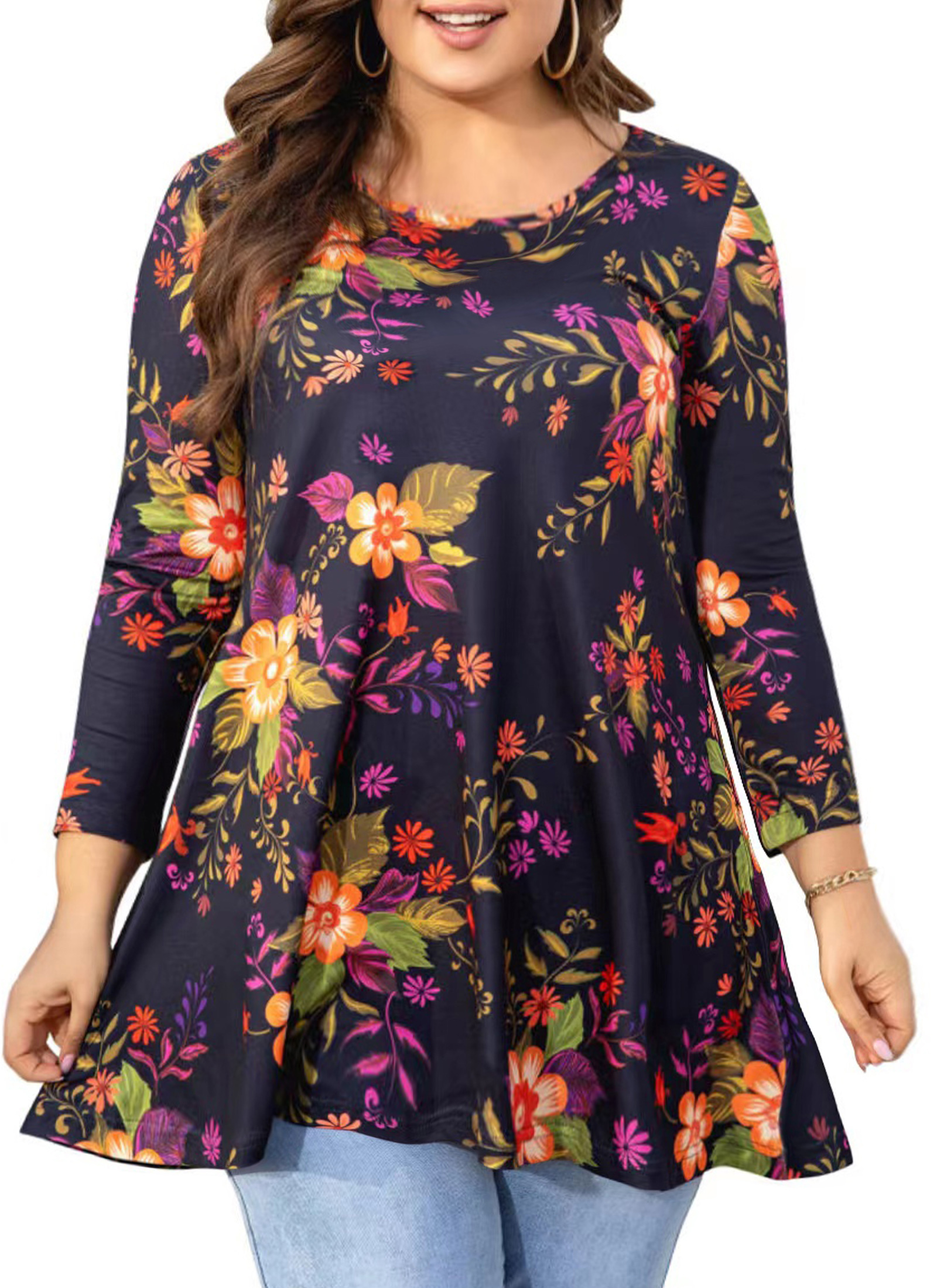 Womens Tunic Tops 3/4 Sleeve Plus Size Crew Neck Swing Flare Loose Fit T-Shirt Blouses to Wear with Leggings - splensive