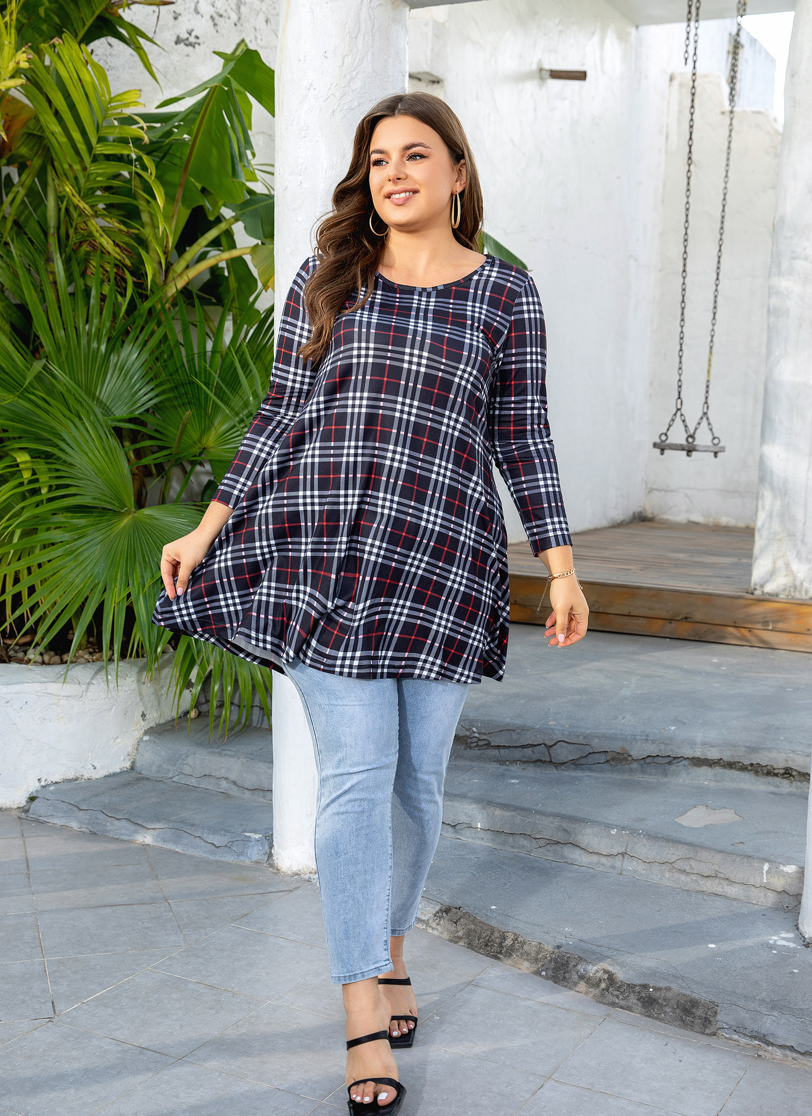 Womens Tunic Tops 3/4 Sleeve Plus Size Crew Neck Swing Flare Loose Fit T-Shirt Blouses to Wear with Leggings - splensive