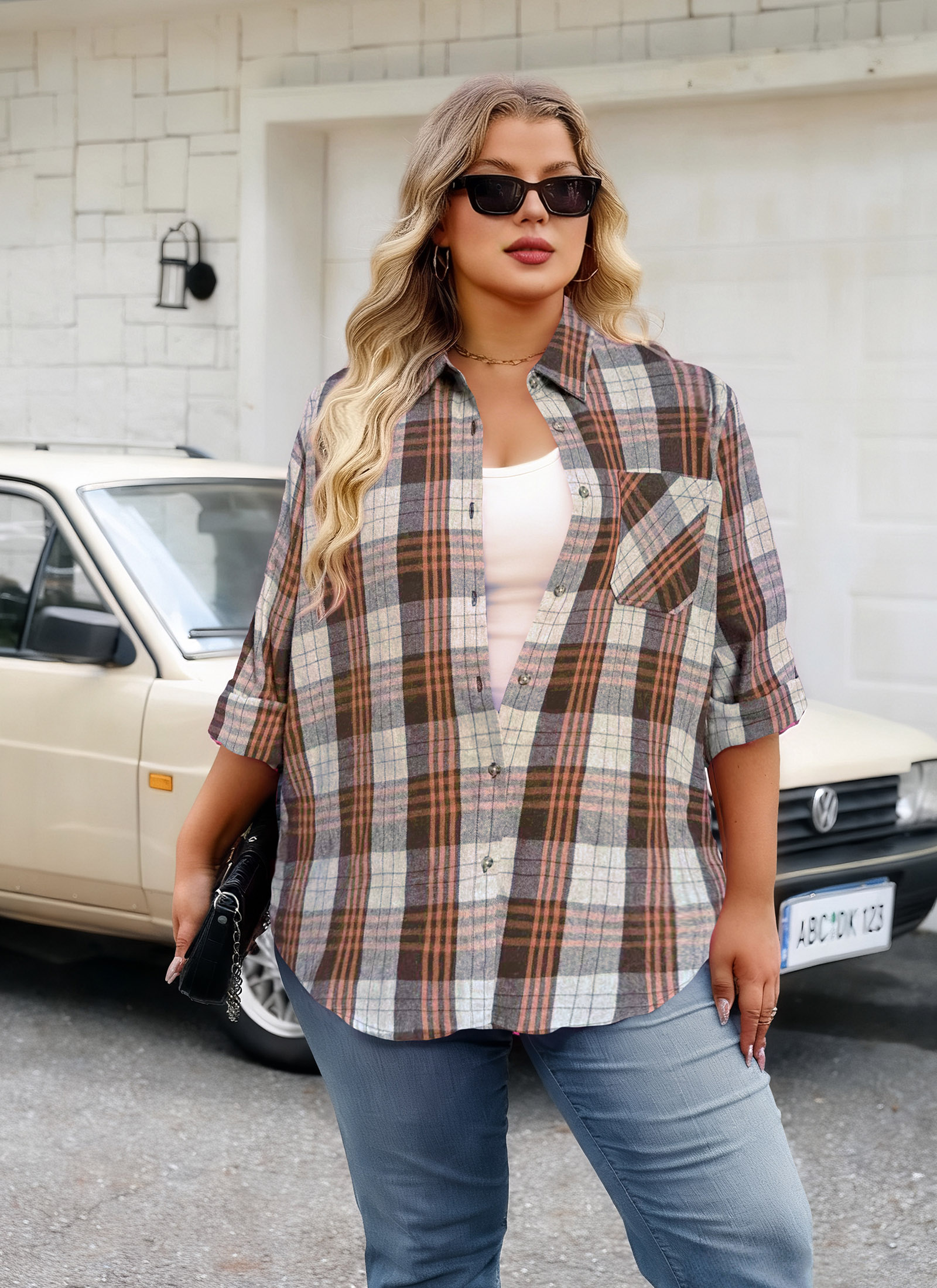 Womens Plus Size Flannel Shirts Long Sleeve Button Down Plaid Shirt Roll Up Oversize Checkered Blouse Top Fall G-02 Brown Plaid Shirts - splensive
