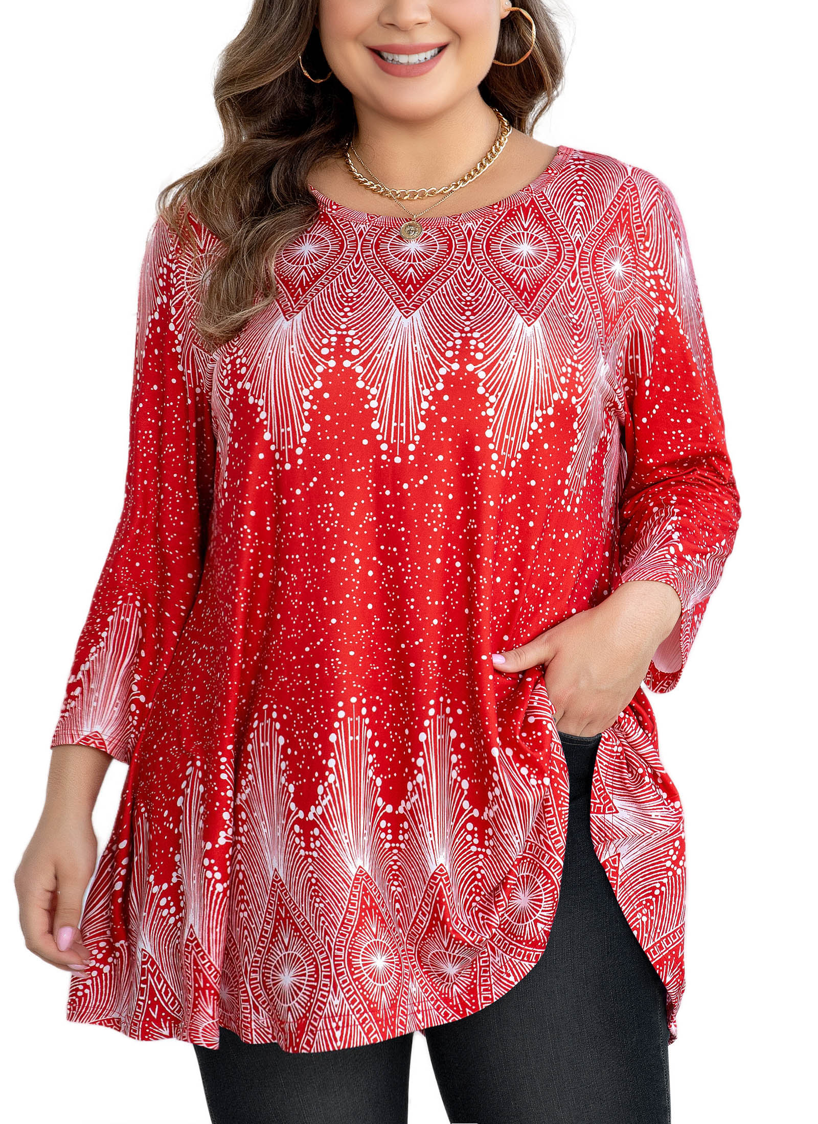 Tunic Tops for Women Plus Size 3/4 Sleeve Crew Neck Swing Flare Loose T-Shirt Blouses to Wear with Leggings - splensive