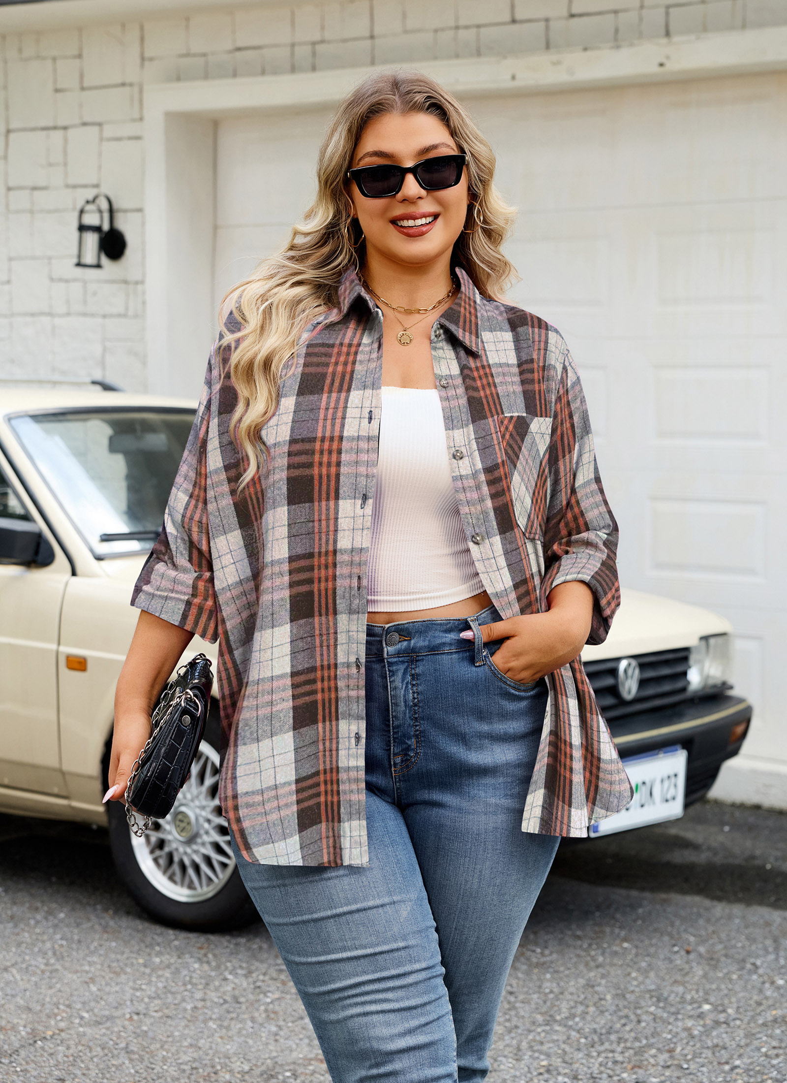 Womens Plus Size Flannel Shirts Long Sleeve Button Down Plaid Shirt Roll Up Oversize Checkered Blouse Top Fall G-02 Brown Plaid Shirts - splensive