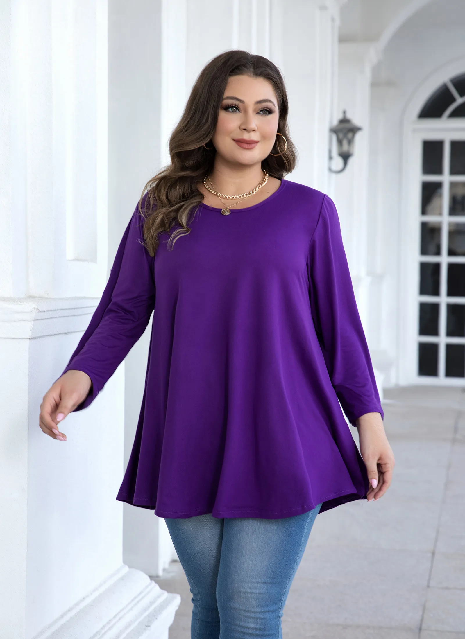Womens Tunic Tops 3/4 Sleeve Plus Size Crew Neck Swing Flare Loose Fit T-Shirt Blouses to Wear with Leggings - splensive