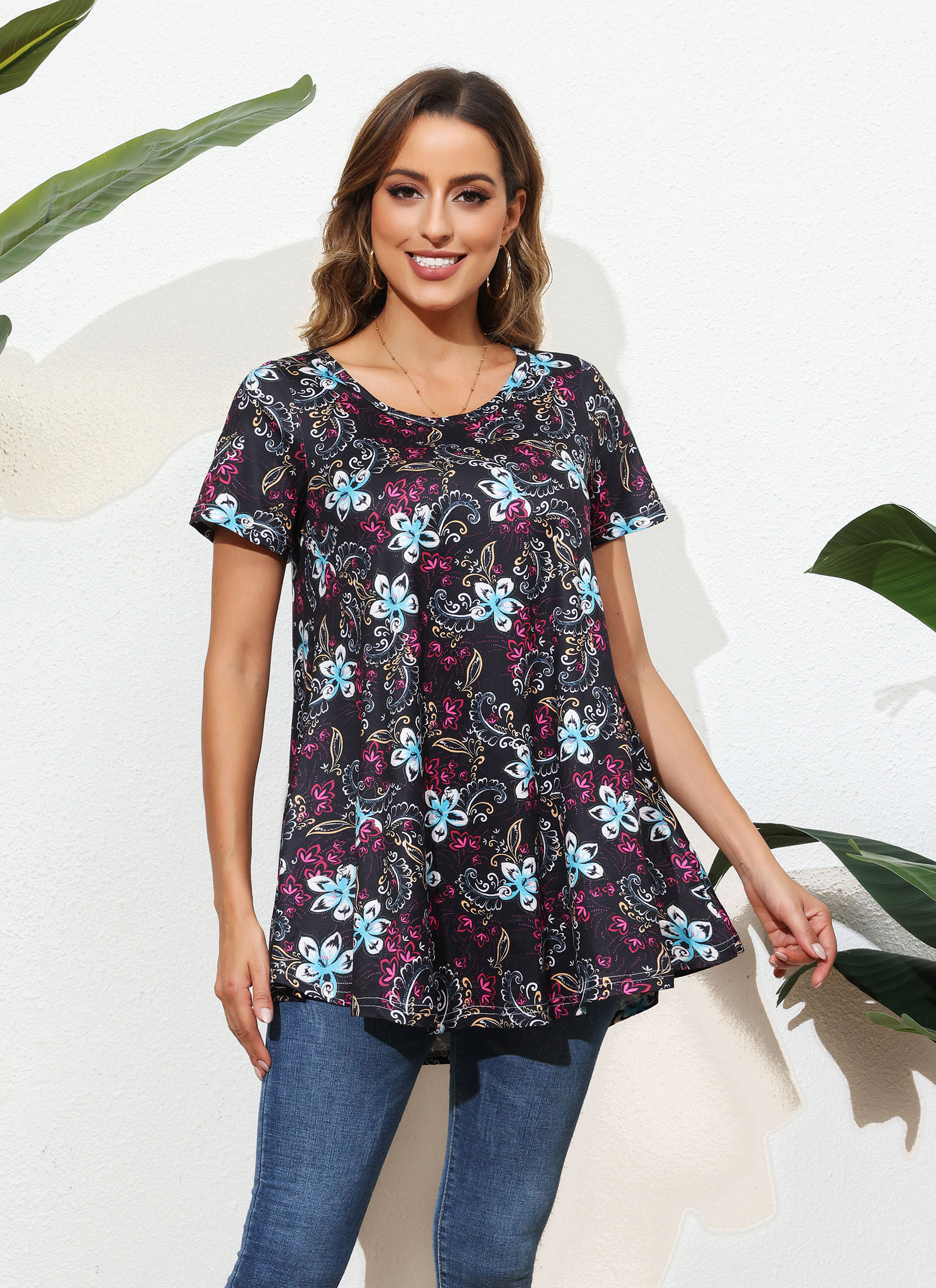 Tunic Tops for Women Plus Size Short Sleeve Crew Neck Swing Flare Loose T-Shirt Blouses to Wear with Leggings - splensive