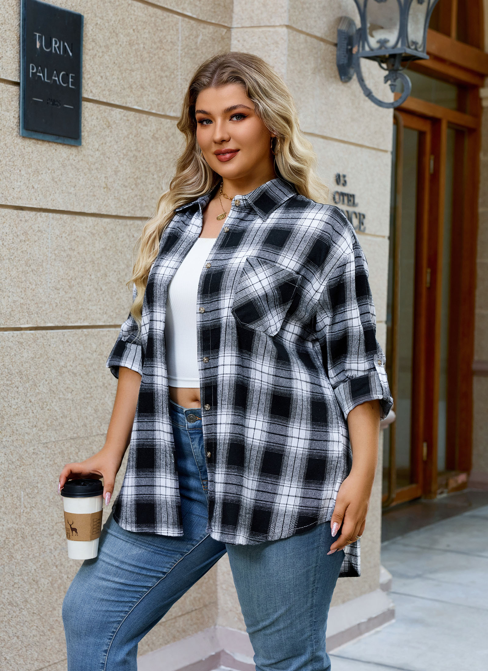 Womens Plus Size Flannel Shirts Long Sleeve Button Down Plaid Shirt Roll Up Oversize Checkered Blouse Top Fall B-01 Black White Plaid Shirt - splensive