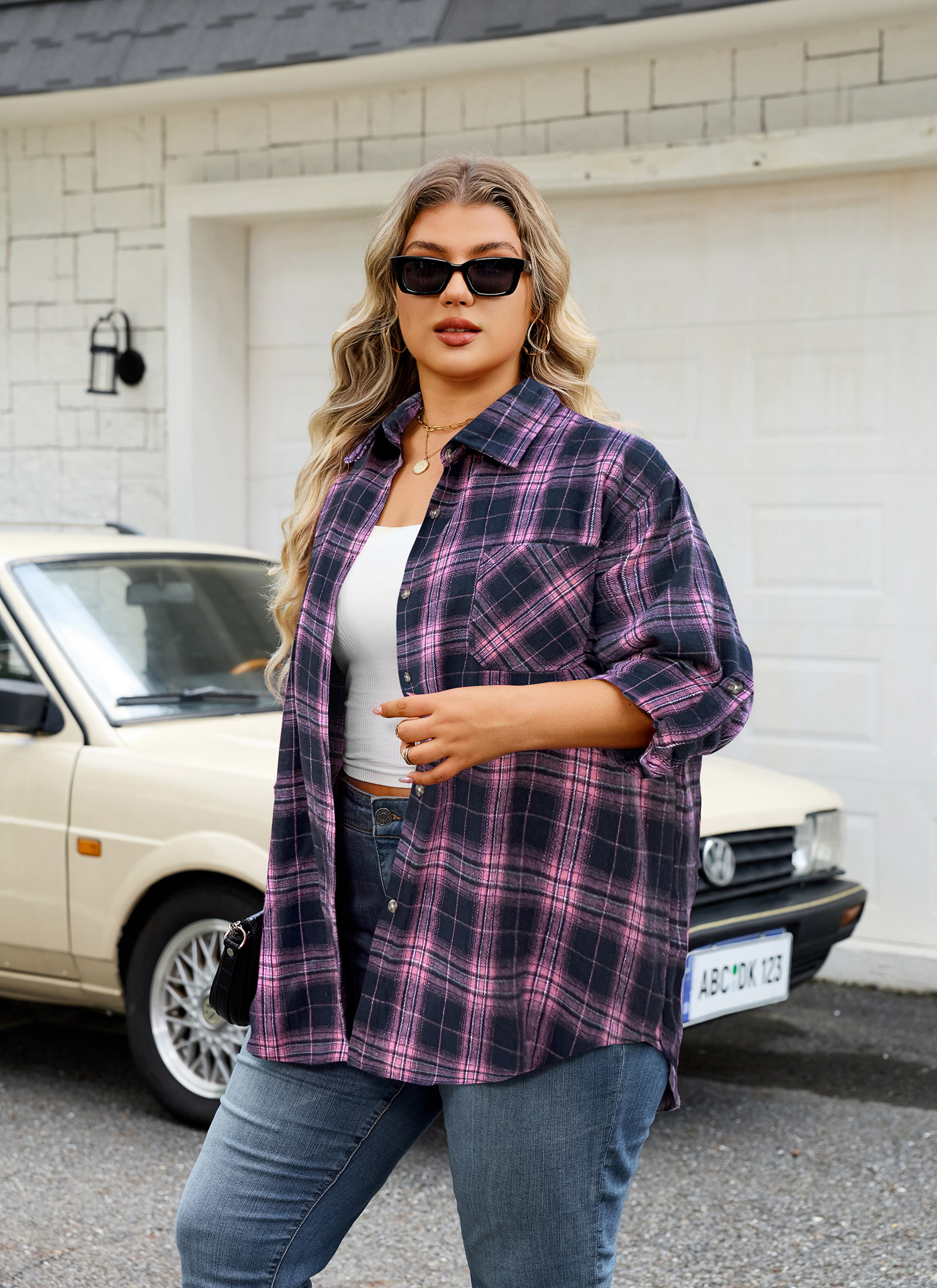Womens Plus Size Flannel Shirts Long Sleeve Button Down Plaid Shirt Roll Up Oversize Checkered Blouse Top Fall A-02 Pink Navy Blue Plaid Shirt - splensive