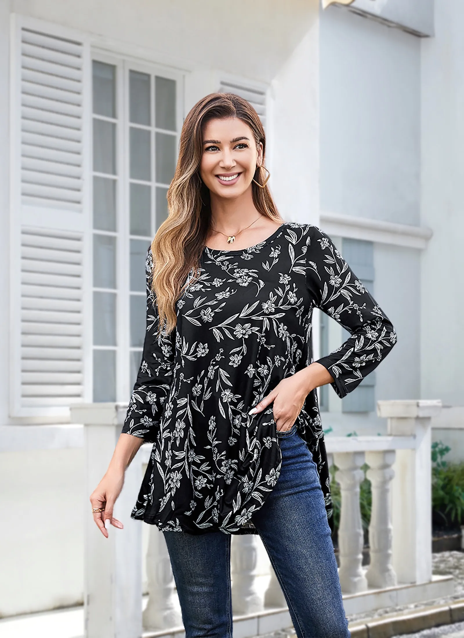 Tunic Tops for Women Plus Size 3/4 Sleeve Crew Neck Swing Flare Loose T-Shirt Blouses to Wear with Leggings - splensive