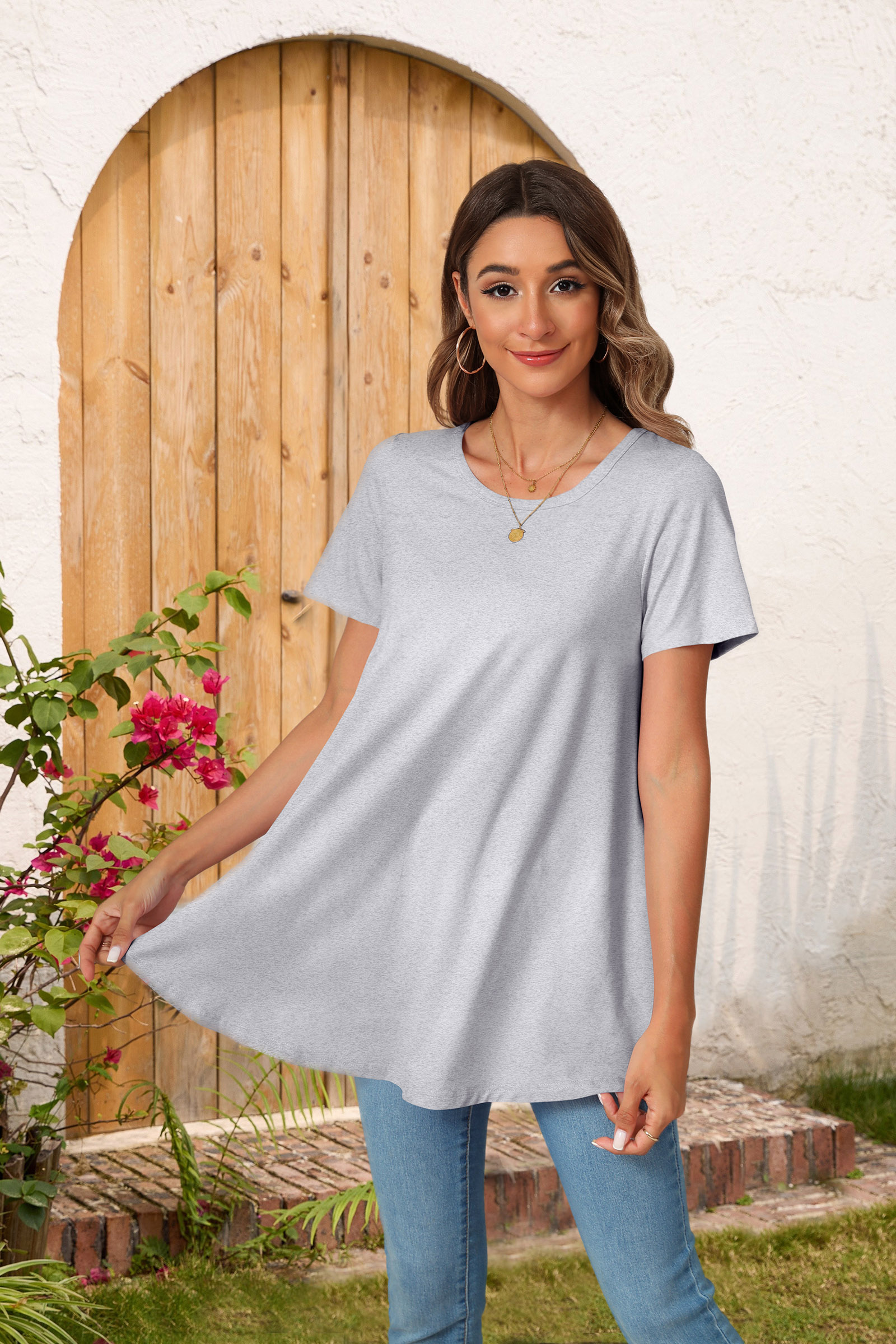 Tunic Tops for Women Plus Size Short Sleeve Crew Neck Swing Flare Loose T-Shirt Blouses to Wear with Leggings - splensive