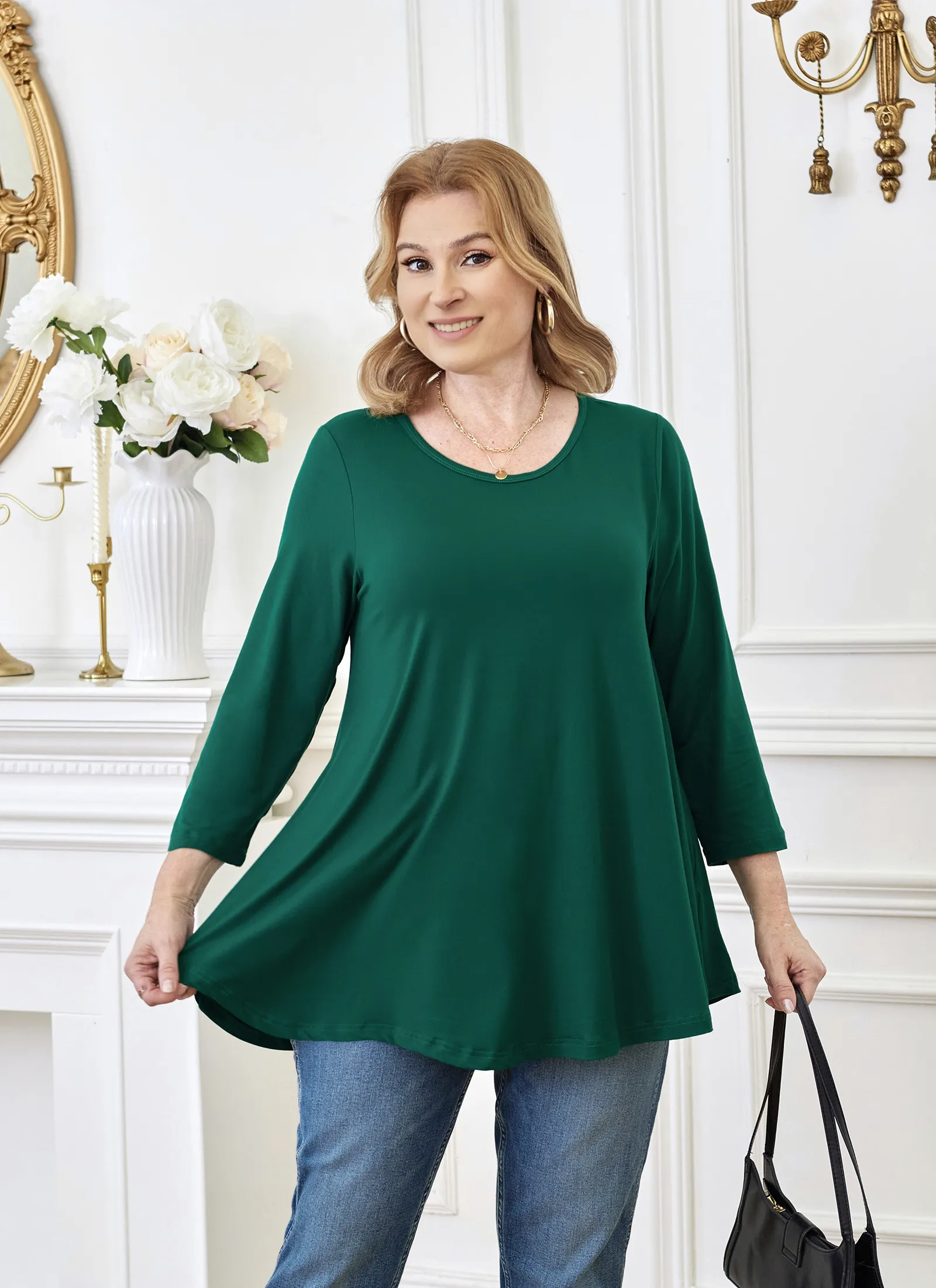 Tunic Tops for Women Plus Size 3/4 Sleeve Crew Neck Swing Flare Loose T-Shirt Blouses to Wear with Leggings - splensive