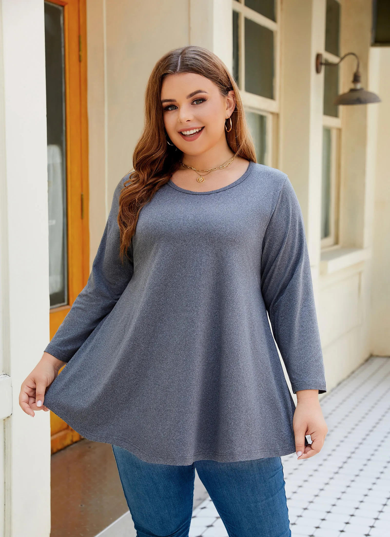 Tunic Tops for Women Plus Size 3/4 Sleeve Crew Neck Swing Flare Loose T-Shirt Blouses to Wear with Leggings - splensive