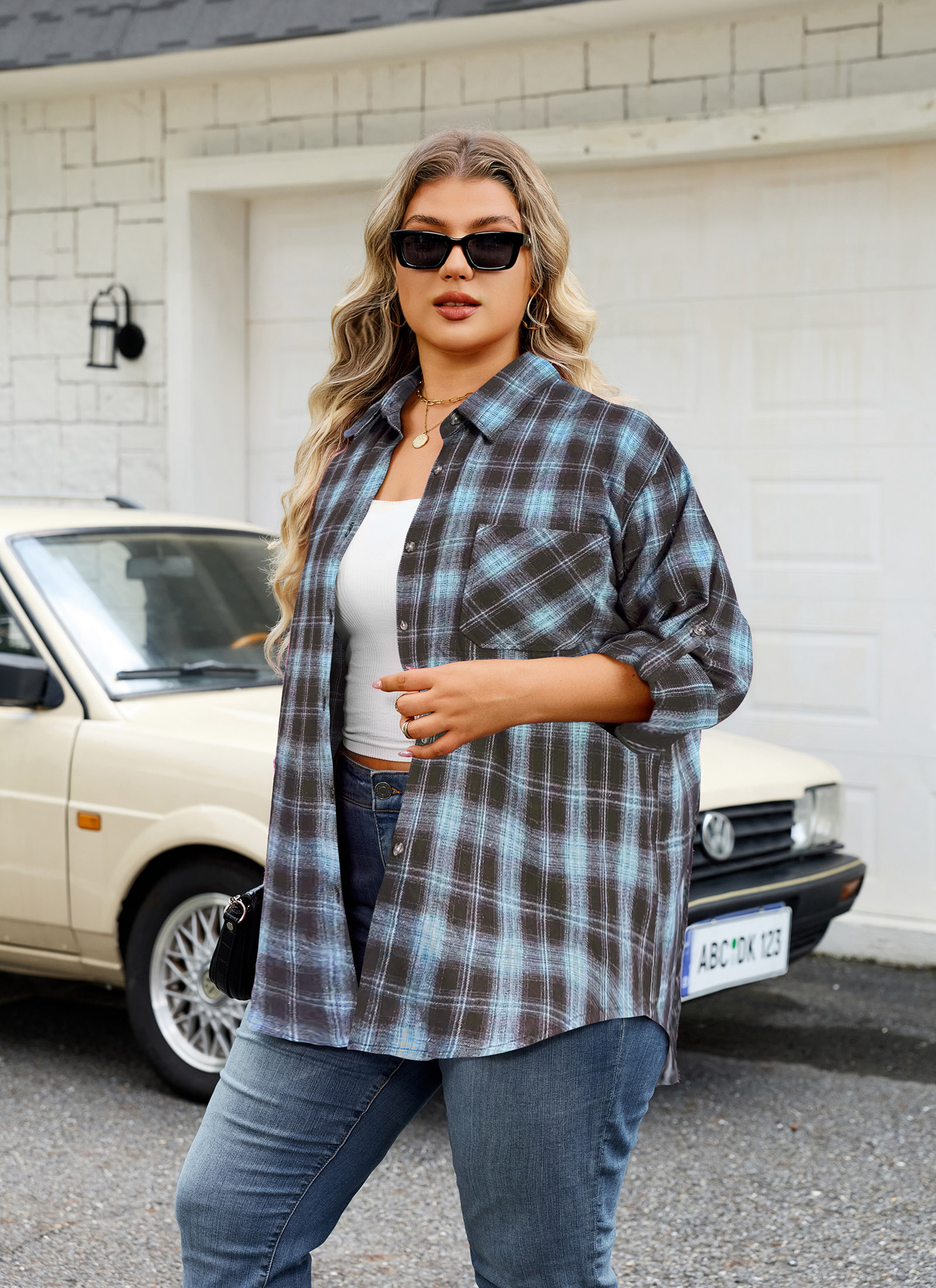 Womens Plus Size Flannel Shirts Long Sleeve Button Down Plaid Shirt Roll Up Oversize Checkered Blouse Top Fall H-01 Brown Blue Plaid Shirts - splensive