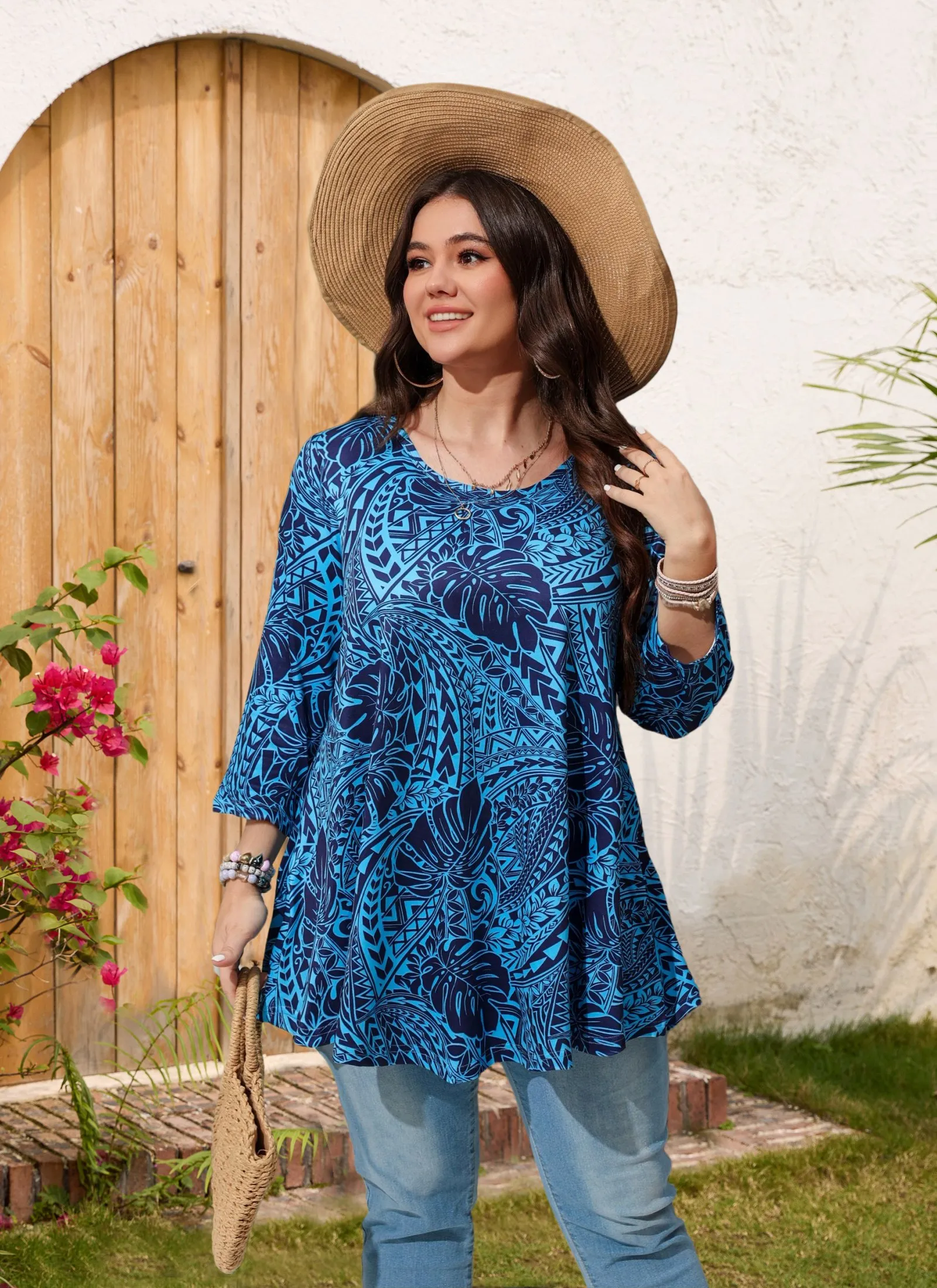 Womens Tunic Tops 3/4 Sleeve Plus Size Crew Neck Swing Flare Loose Fit T-Shirt Blouses to Wear with Leggings - splensive