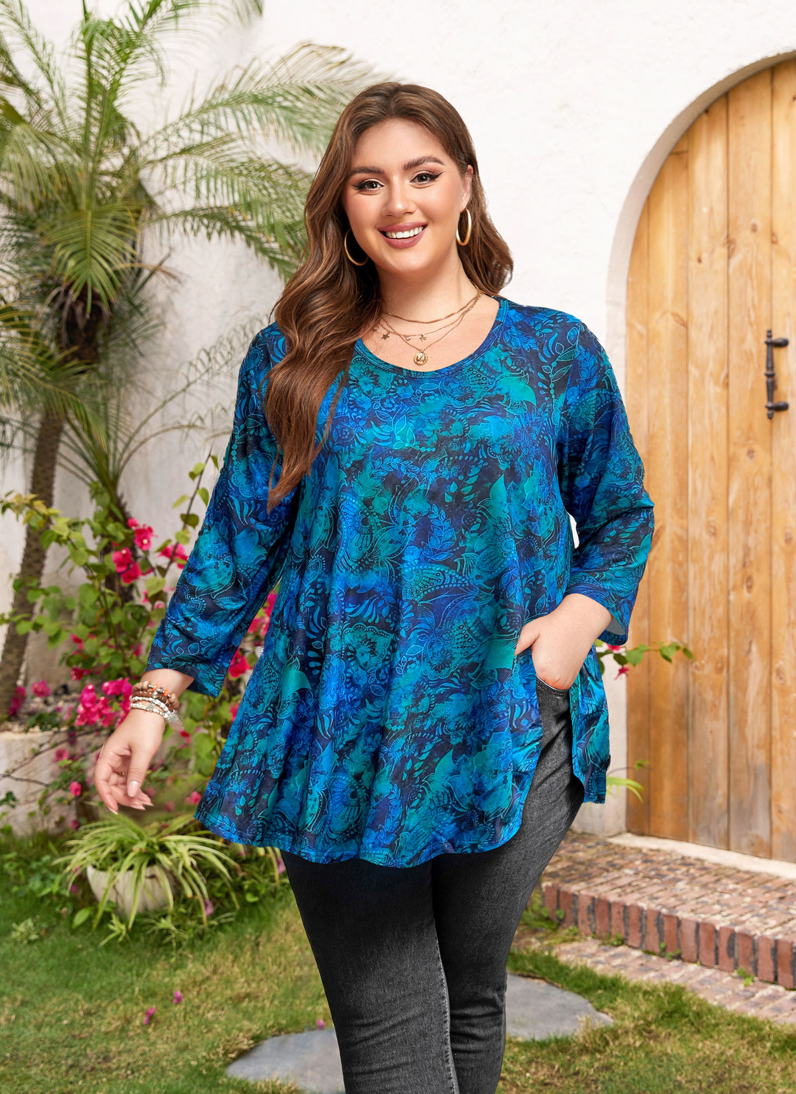Womens Tunic 3/4 Sleeve Plus Size Tops Crew Neck Swing Flowy Loose Fit T-Shirt Blouses to Wear with Leggings - splensive