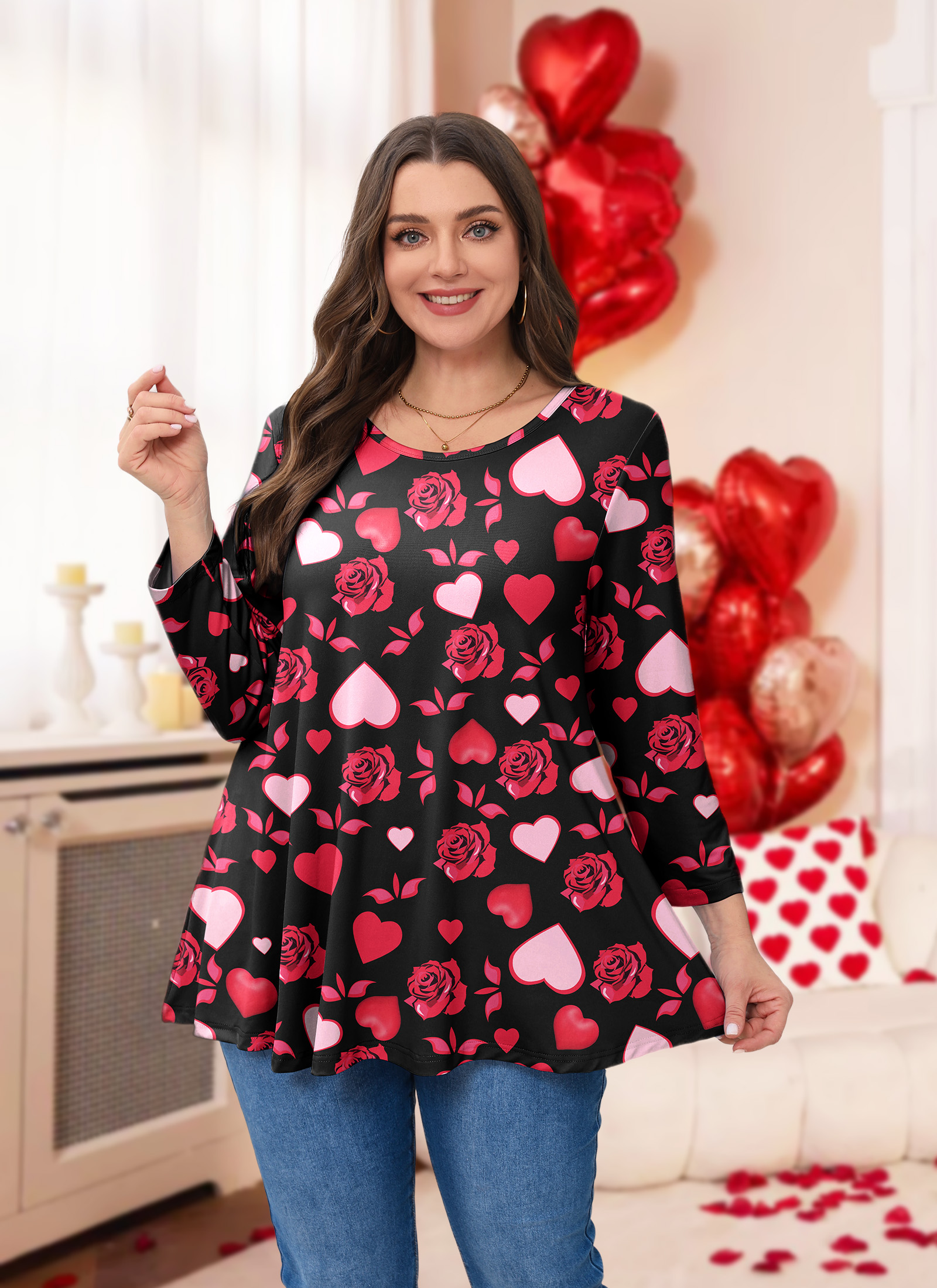 Womens Tunic 3/4 Sleeve Plus Size Tops Crew Neck Swing Flowy Loose Fit T-Shirt Blouses to Wear with Leggings - splensive