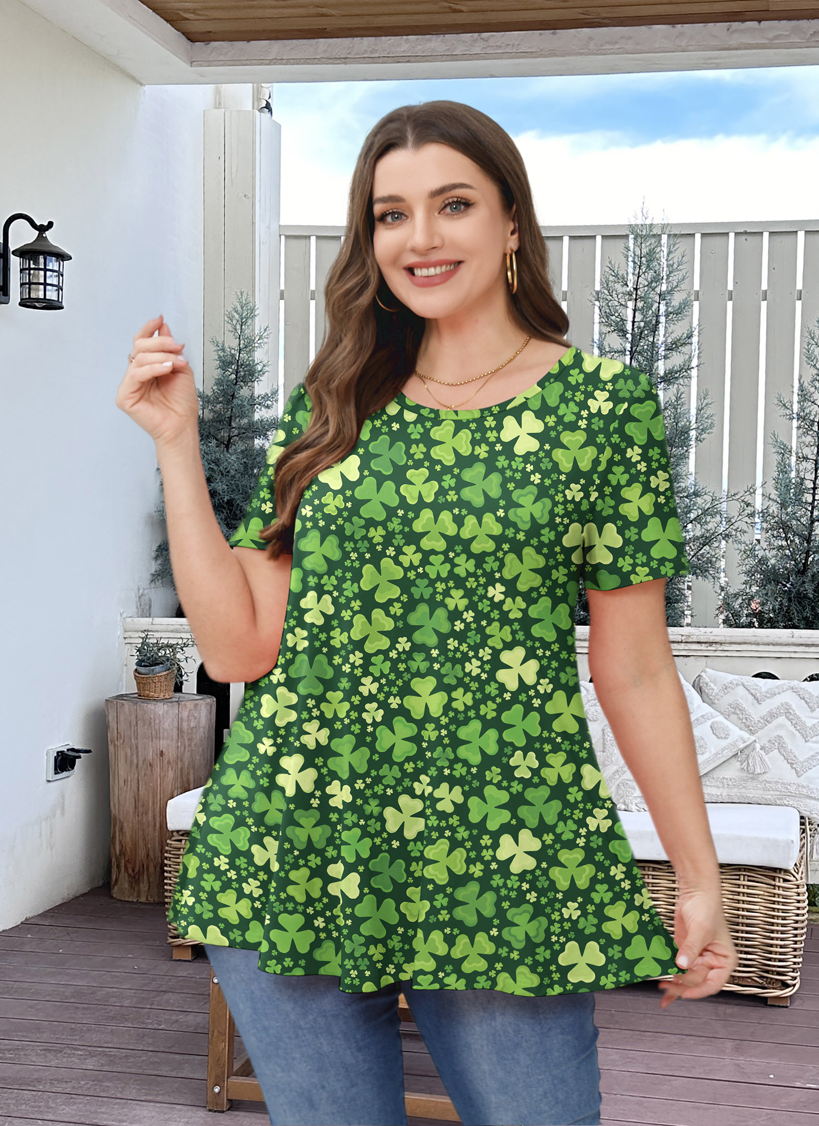 Tunic Tops for Women Plus Size 3/4 Sleeve Crew Neck Swing Flare Loose T-Shirt Blouses to Wear with Leggings Four-leaf clover - splensive