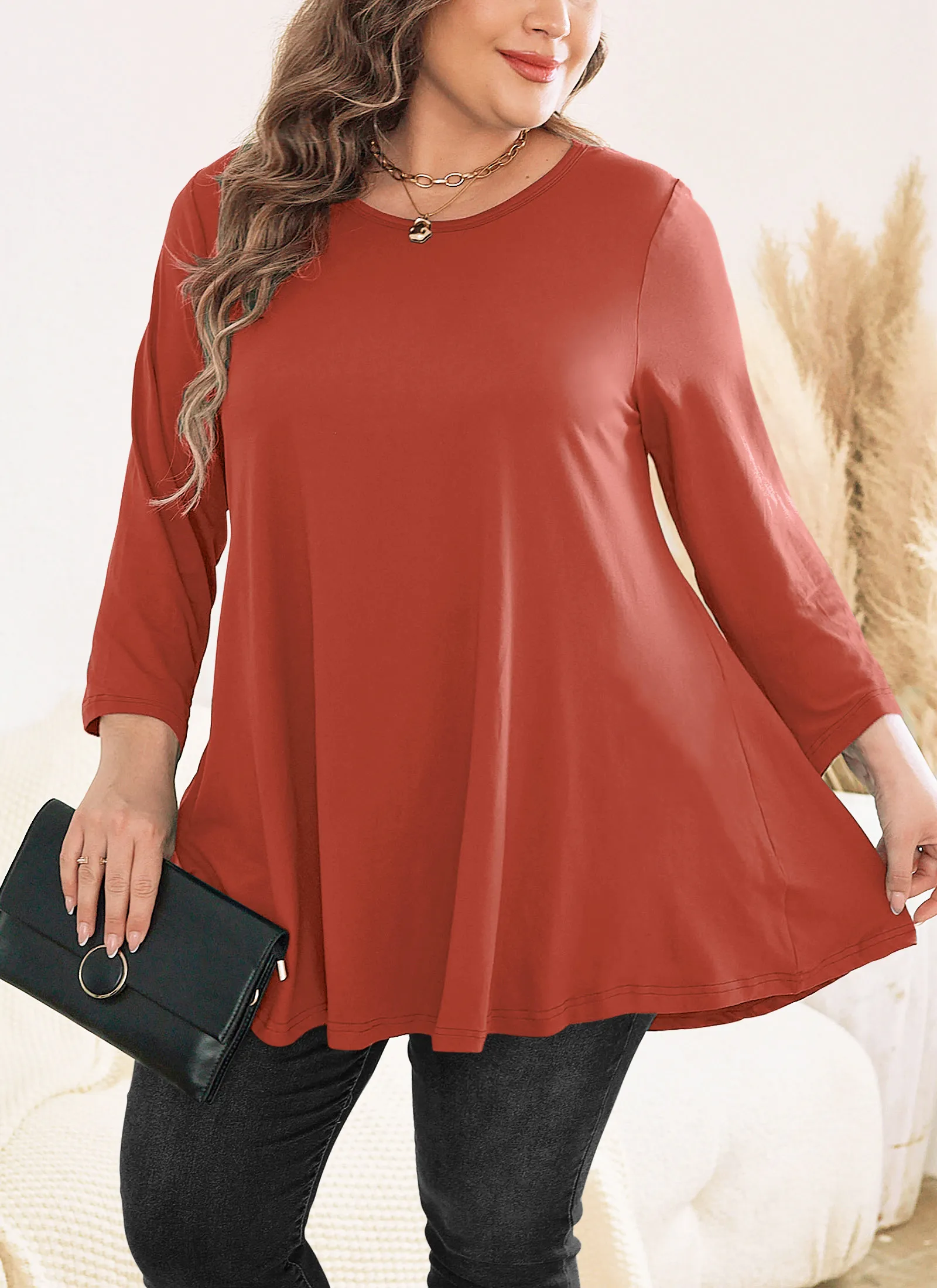 Womens Tunic Tops 3/4 Sleeve Plus Size Crew Neck Swing Flare Loose Fit T-Shirt Blouses to Wear with Leggings - splensive