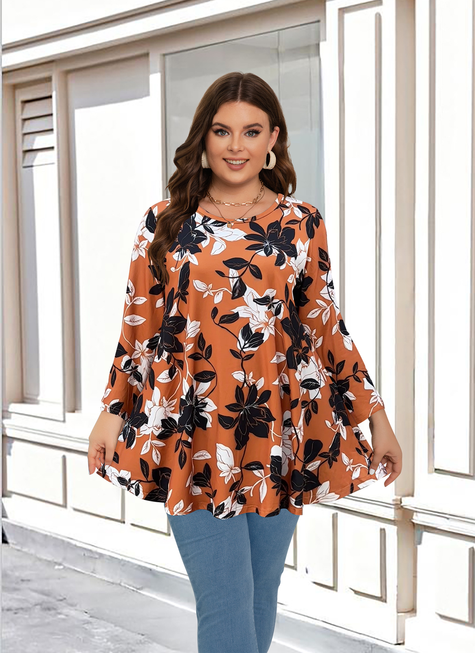 Tunic Tops for Women Plus Size 3/4 Sleeve Crew Neck Swing Flare Loose T-Shirt Blouses to Wear with Leggings  Burnt Orange Floral - splensive