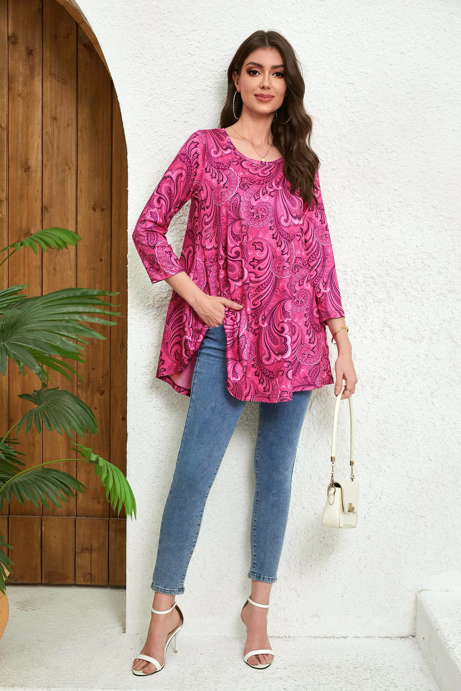 Tunic Tops for Women Plus Size 3/4 Sleeve Crew Neck Swing Flare Loose T-Shirt Blouses to Wear with Leggings - splensive