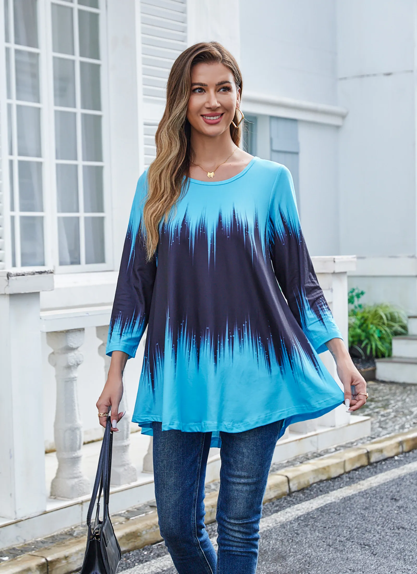 Tunic Tops for Women Plus Size 3/4 Sleeve Crew Neck Swing Flare Loose T-Shirt Blouses to Wear with Leggings - splensive