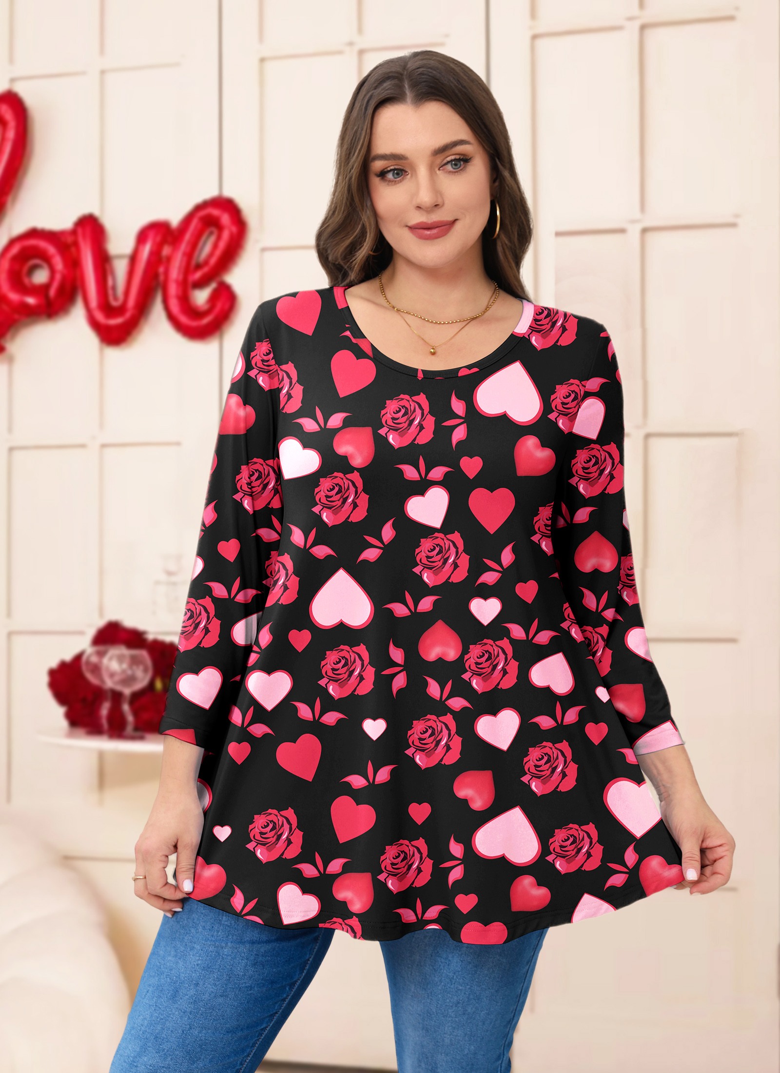 Womens Tunic 3/4 Sleeve Plus Size Tops Crew Neck Swing Flowy Loose Fit T-Shirt Blouses to Wear with Leggings - splensive