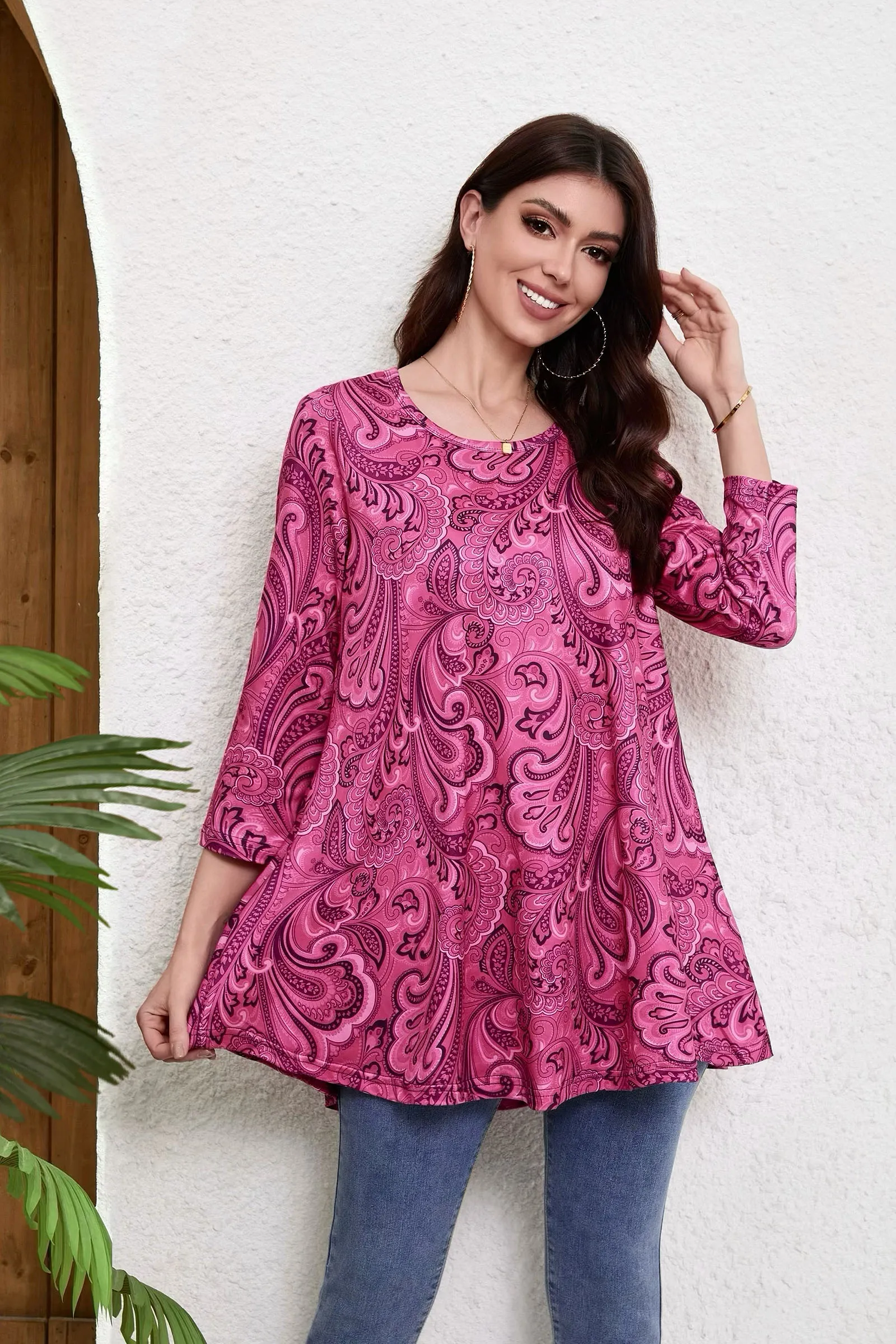 Tunic Tops for Women Plus Size 3/4 Sleeve Crew Neck Swing Flare Loose T-Shirt Blouses to Wear with Leggings - splensive