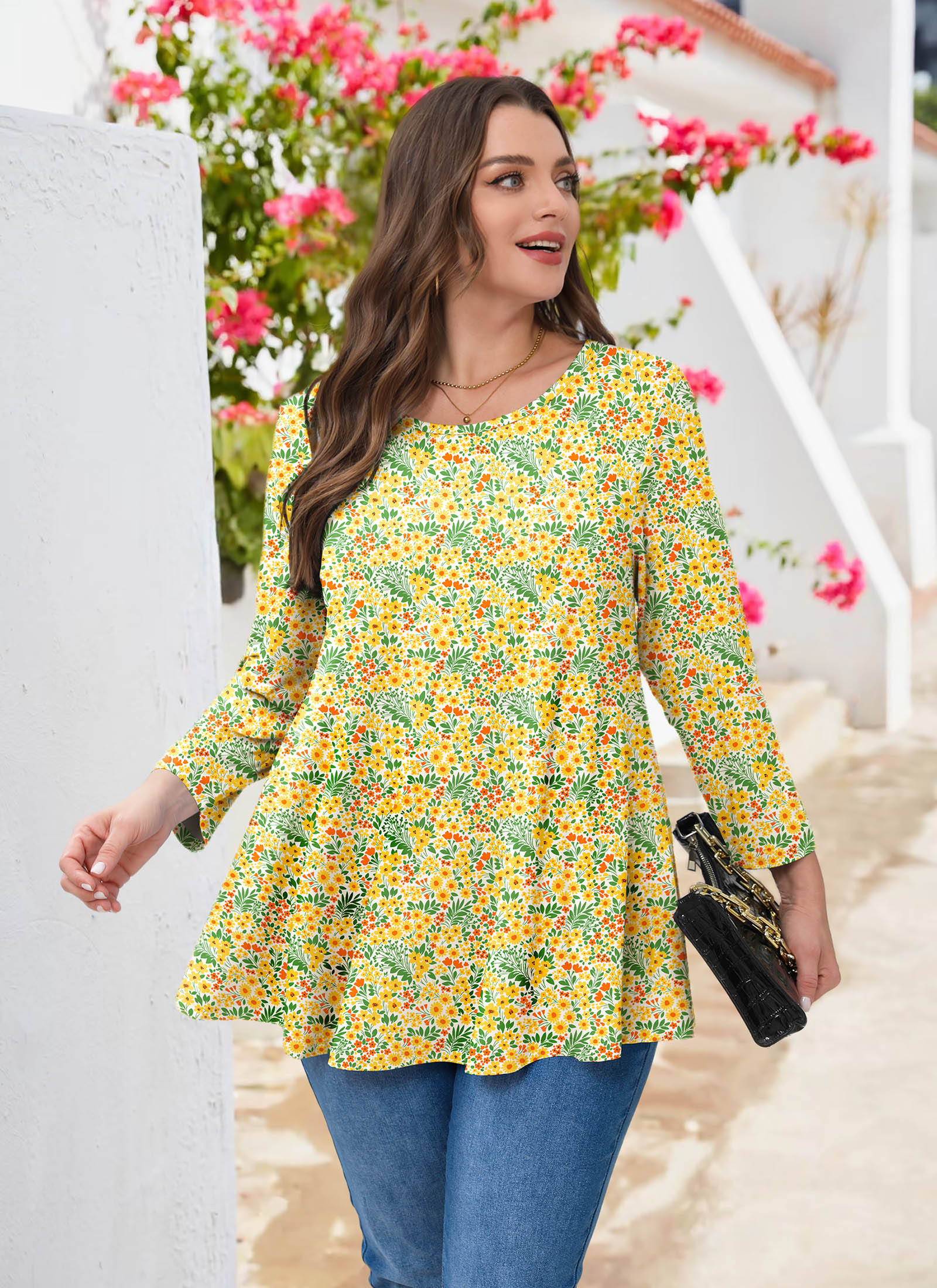 Tunic Tops for Women Plus Size 3/4 Sleeve Crew Neck Swing Flare Loose T-Shirt Blouses to Wear with Leggings - splensive