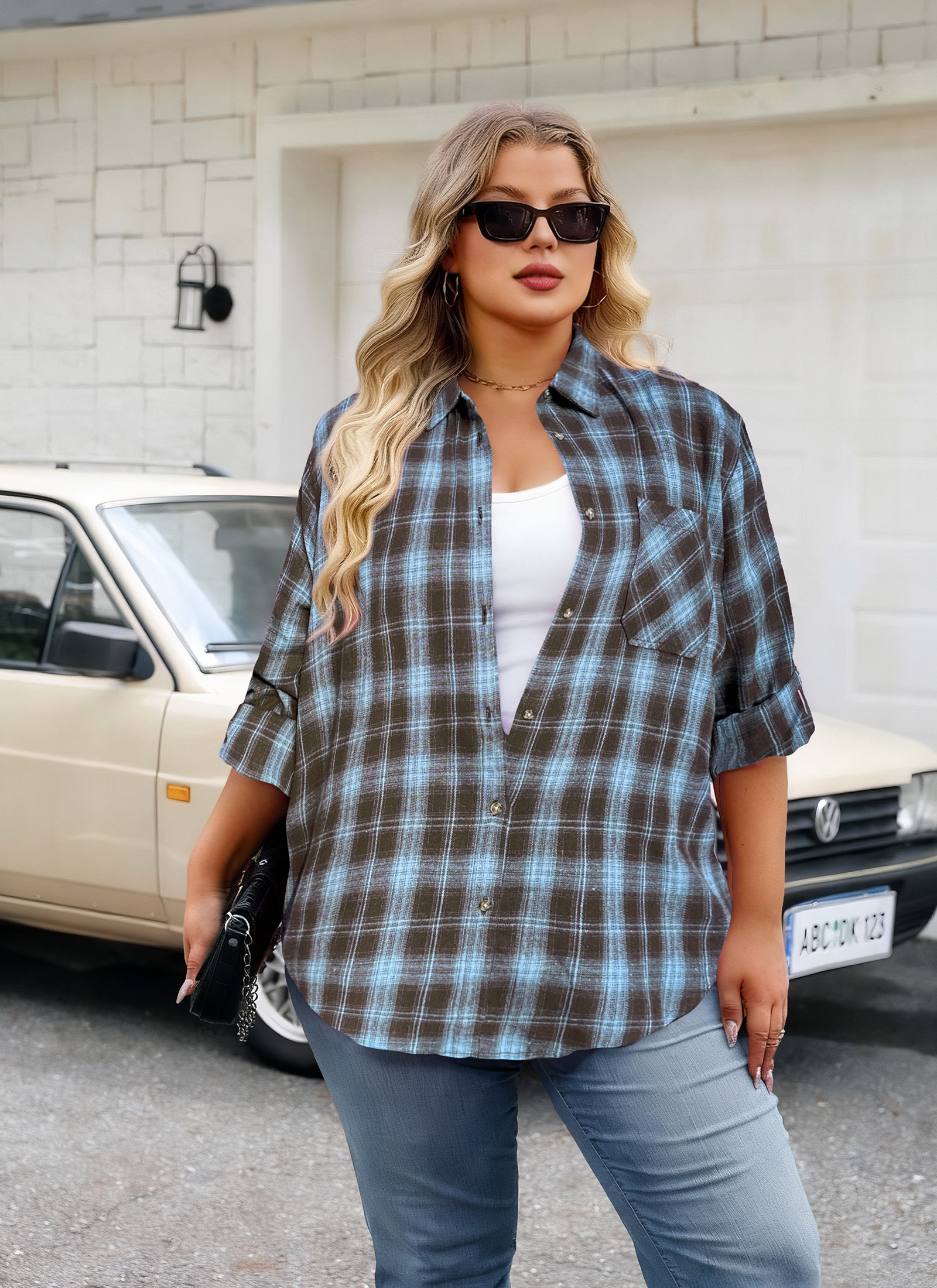 Womens Plus Size Flannel Shirts Long Sleeve Button Down Plaid Shirt Roll Up Oversize Checkered Blouse Top Fall H-01 Brown Blue Plaid Shirts - splensive