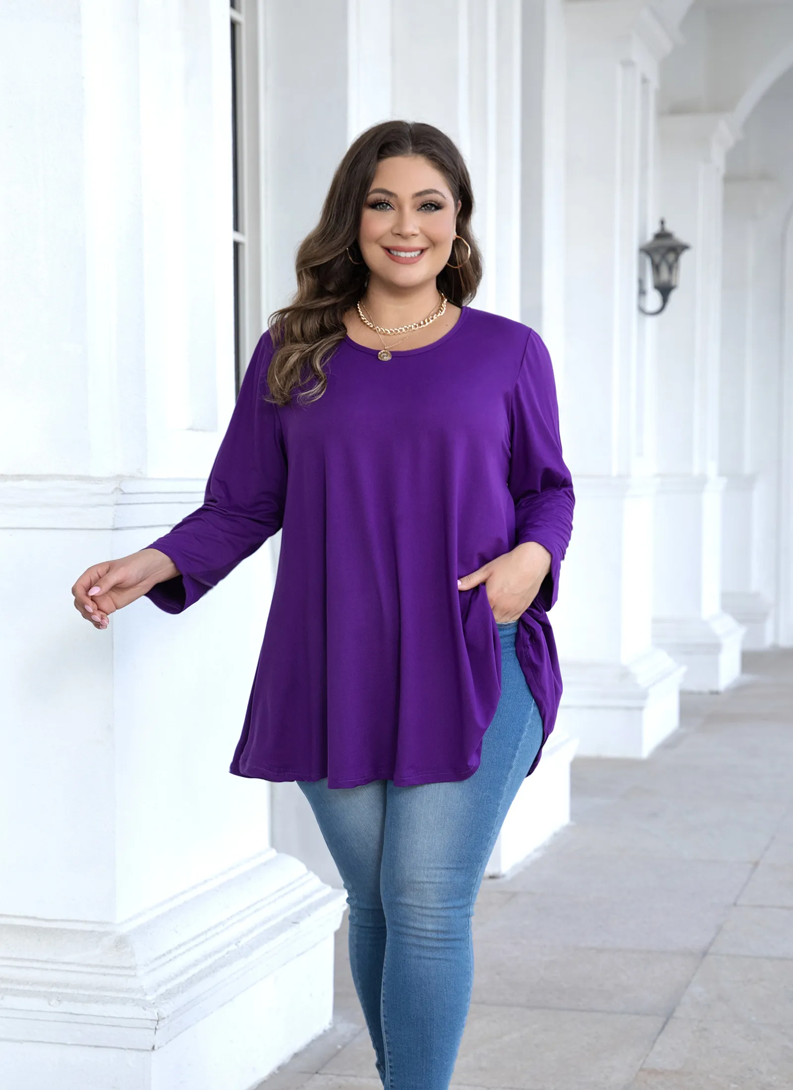 Womens Tunic Tops 3/4 Sleeve Plus Size Crew Neck Swing Flare Loose Fit T-Shirt Blouses to Wear with Leggings - splensive