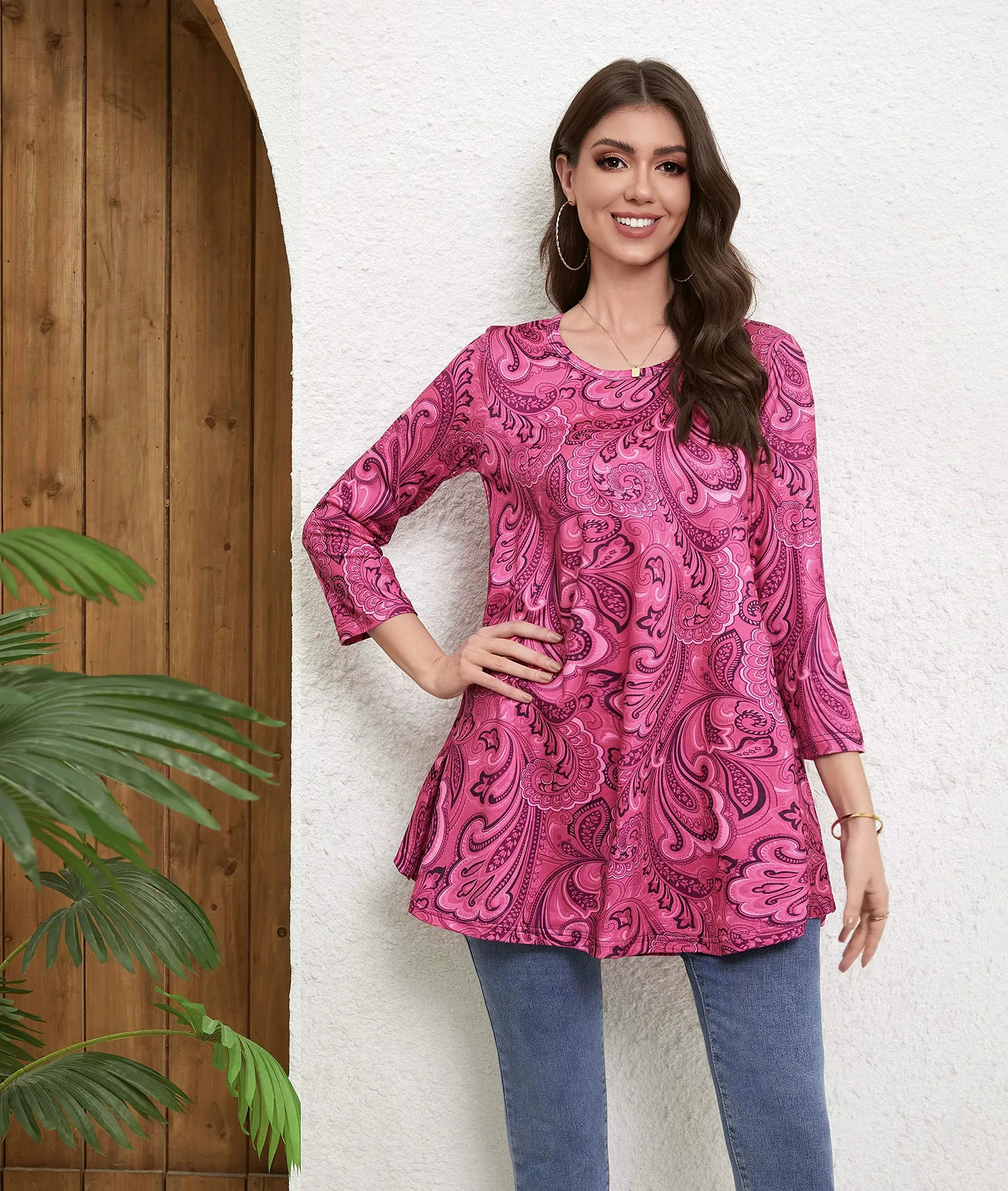 Tunic Tops for Women Plus Size 3/4 Sleeve Crew Neck Swing Flare Loose T-Shirt Blouses to Wear with Leggings - splensive