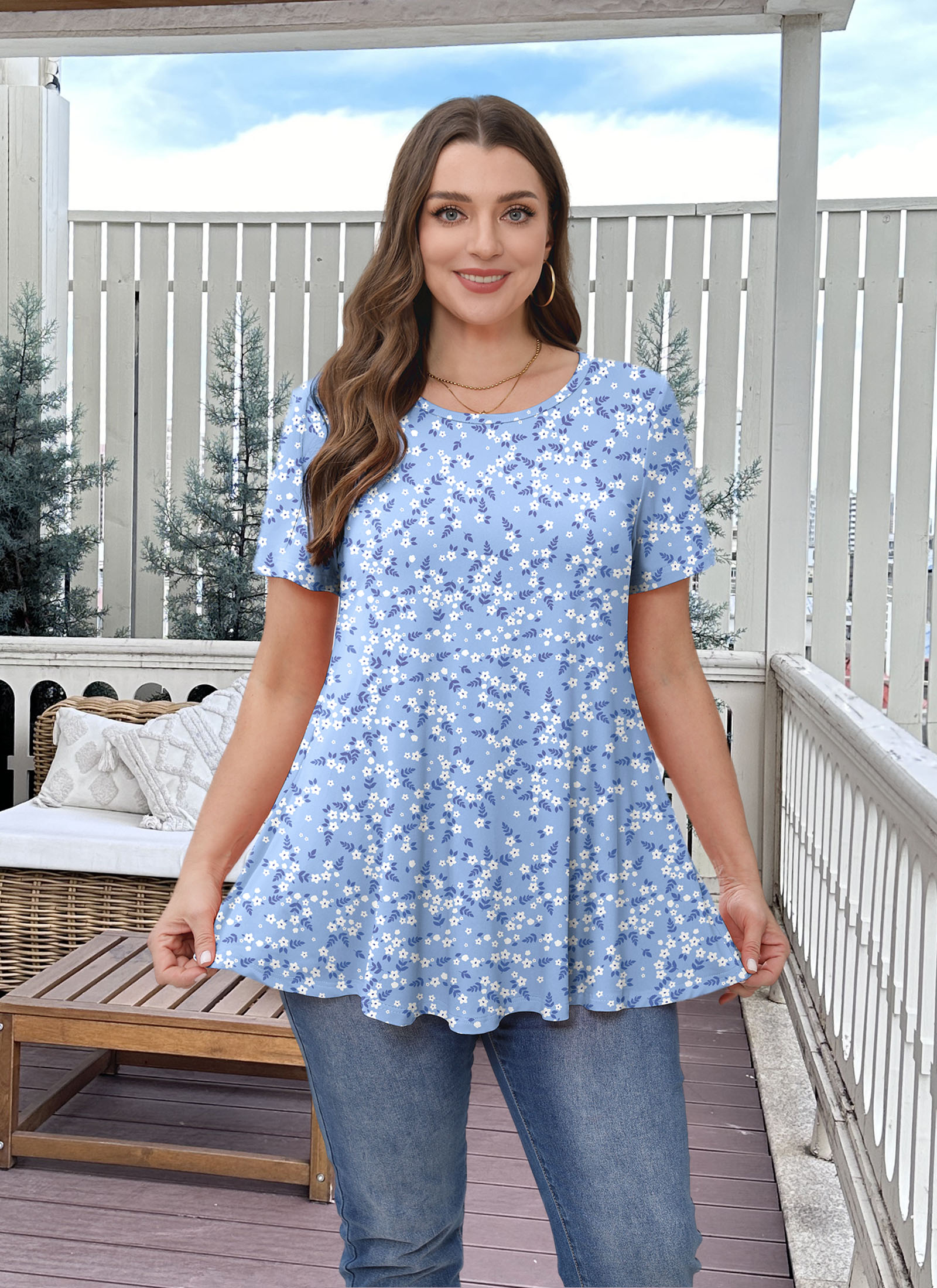 Tunic Tops for Women Plus Size Short Sleeve Crew Neck Swing Flare Loose T-Shirt Blouses to Wear with Leggings - splensive