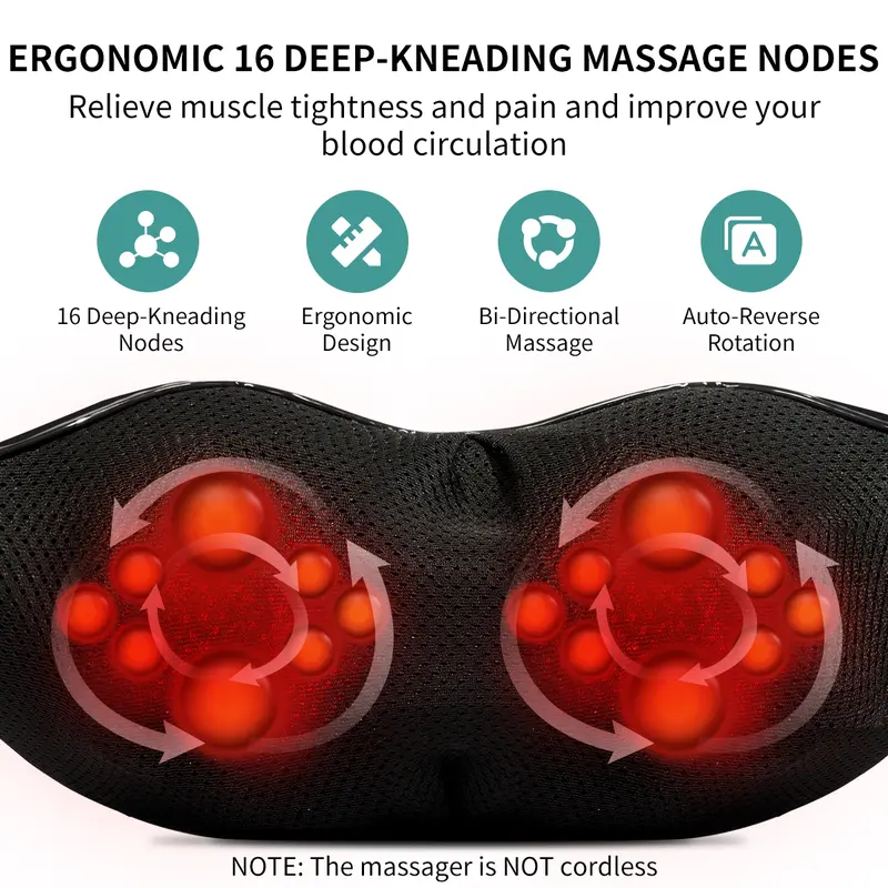 Shiatsu Neck and Back Massager with Soothing Heat, Ergonomic 8 Deep-Kneading Massage Nodes with Heat Electric Shiatsu Back Massager for Neck Shoulder & Body Muscle Relief Portable 12V DC Power Supply - Black