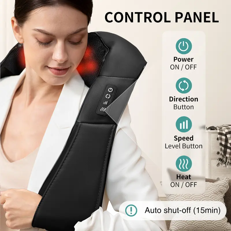 Shiatsu Neck and Back Massager with Soothing Heat, Ergonomic 8 Deep-Kneading Massage Nodes with Heat Electric Shiatsu Back Massager for Neck Shoulder & Body Muscle Relief Portable 12V DC Power Supply - Black