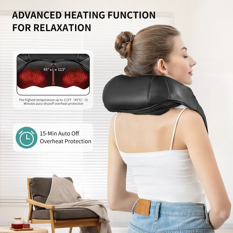 Shiatsu Neck and Back Massager with Soothing Heat, Ergonomic 8 Deep-Kneading Massage Nodes with Heat Electric Shiatsu Back Massager for Neck Shoulder & Body Muscle Relief Portable 12V DC Power Supply - Black