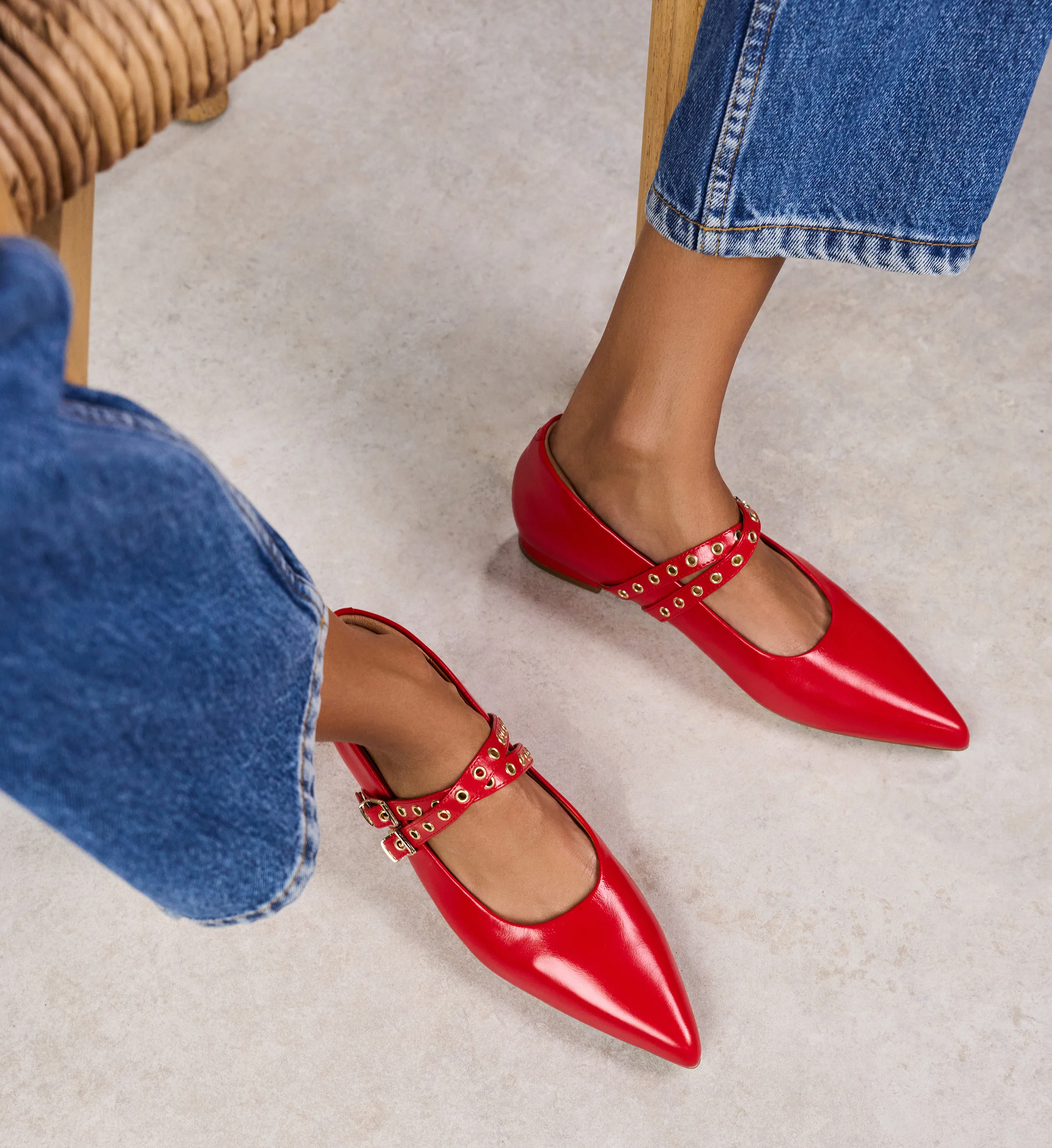 Pipilo Poppy Red Leather & Hardware Ballet flats