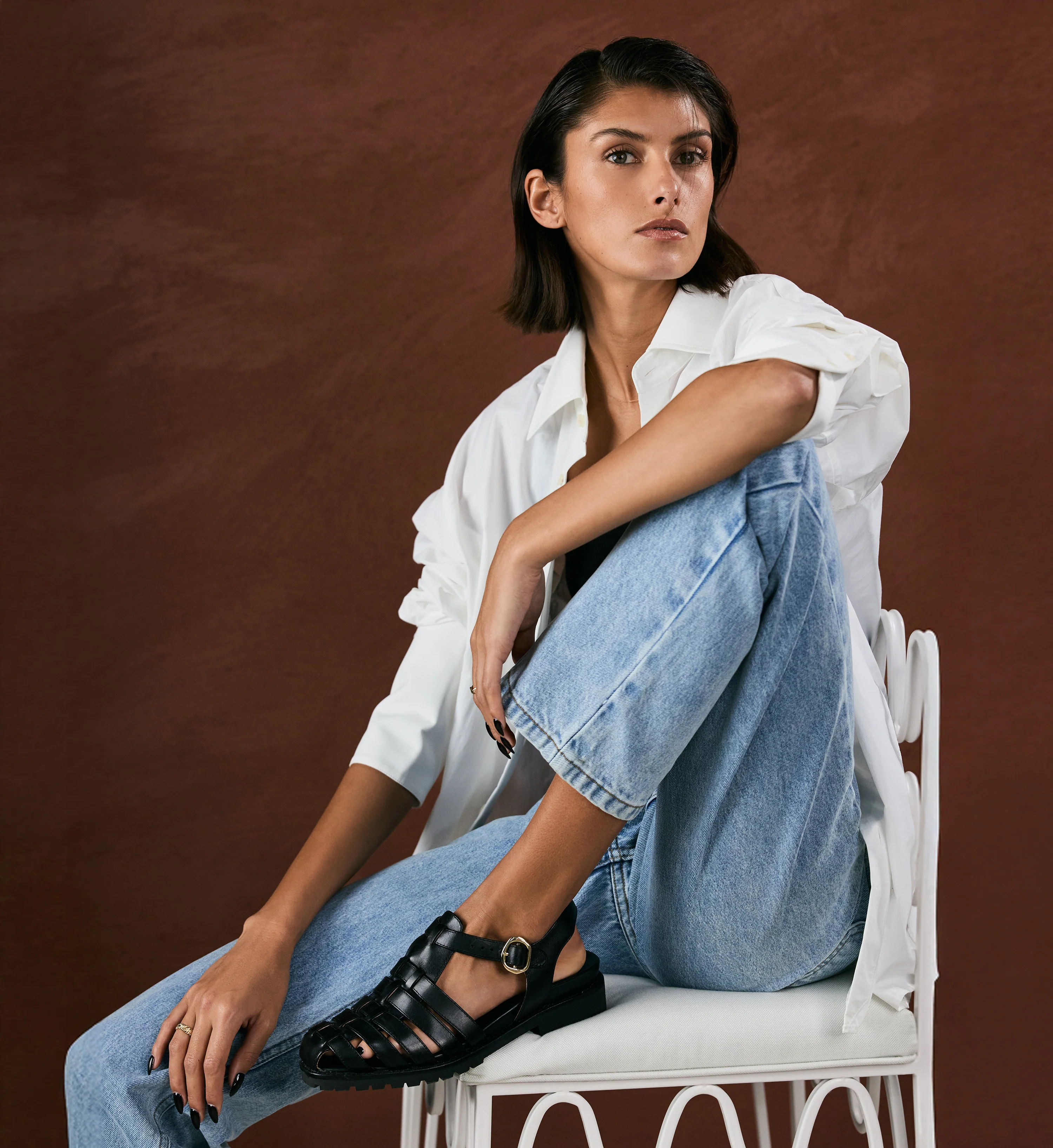 Bittern Black Leather Flat Sandals