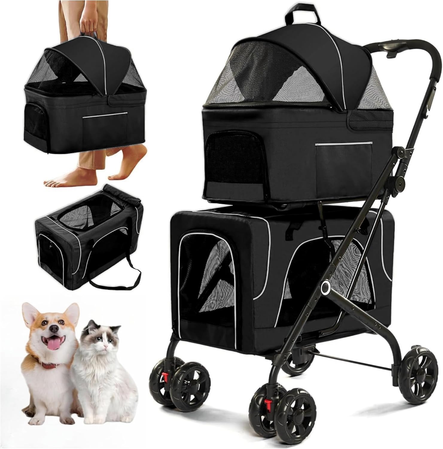 2026 SalesDouble Dog Stroller for 2 Dogs, Detachable Carriers, Safety Belt, Lockable Wheels, Pet Travel Carrier Strolling Cart, Folding Cat Stroller for Small Medium Pets Dogs (Blue)