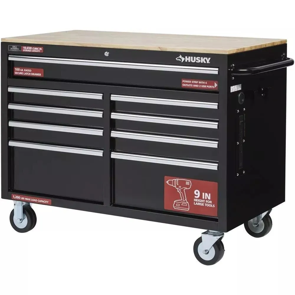 2026 Sales46 in. W x 24 in. D 9-Drawer Gloss Black Deep Tool Chest Mobile Workbench