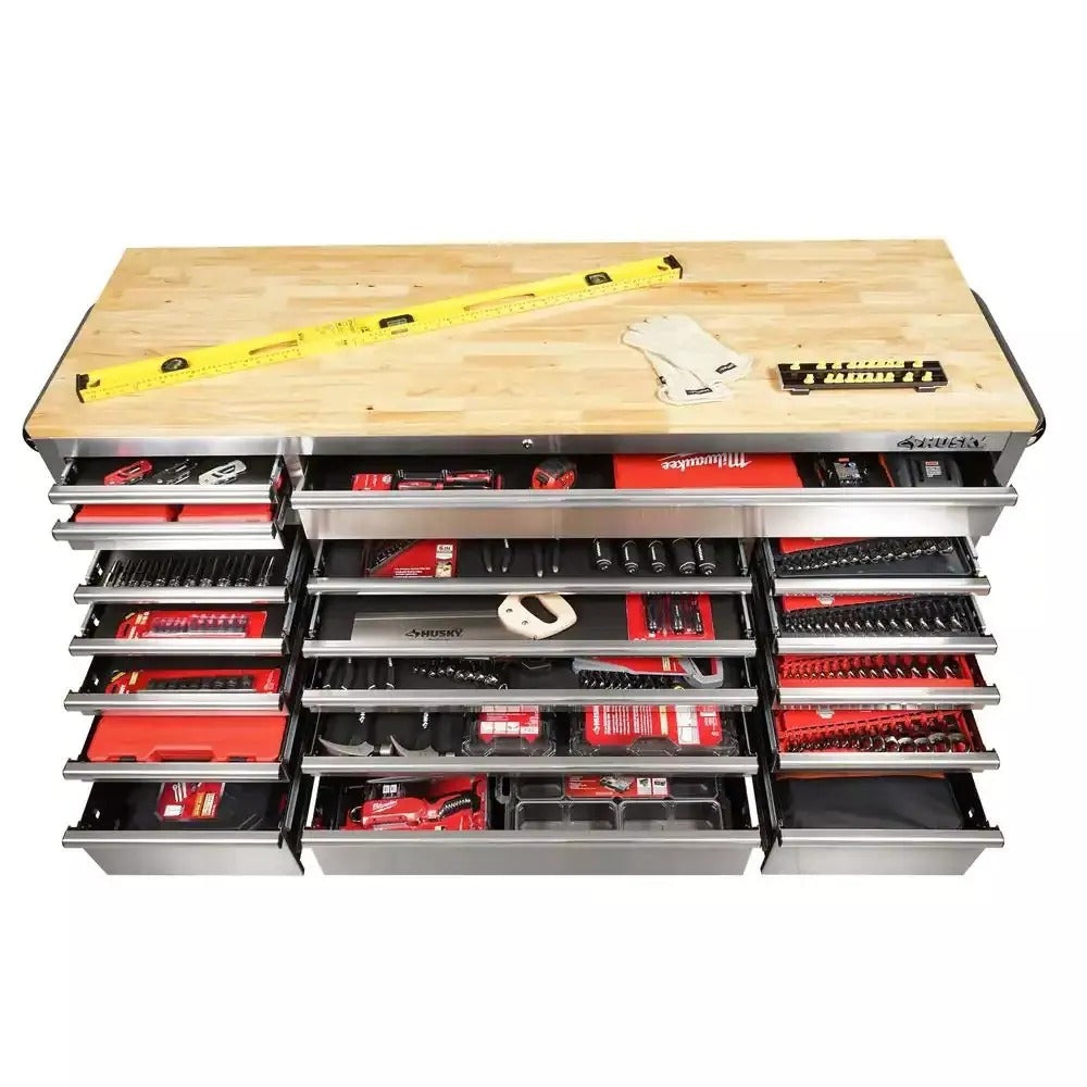 2026 Sales72 in 18-Drawer 24 in. D Mobile Workbench with Solid Wood Top Stainless Steel