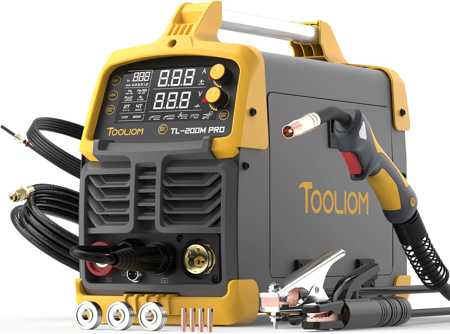 Aluminum alloy MIG welding machine, with pulse function, output power 250A, voltage 110V/220V, supports dual voltage mode, a multi-functional welding machine integrating 4 functions, can use with or without gas flux, MIG, elevated TIG, and manual arc
