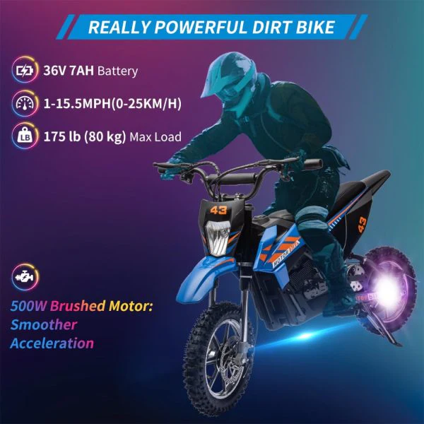 2026 Sales36V Kids Electric Dirt Bike, 36V, 350W, 15.5MPH, LED, 175lbs Max – Blue