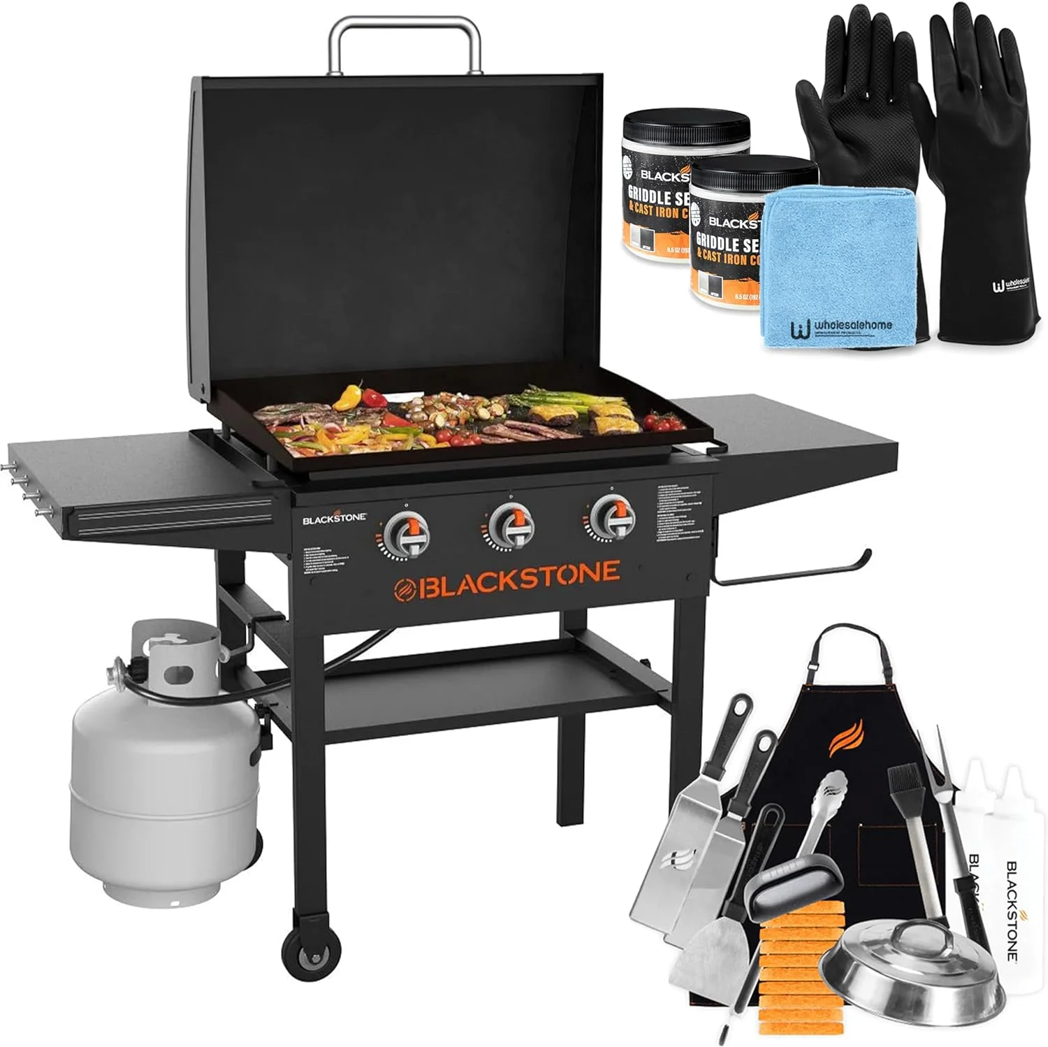 2026 Sales28 Inch Blackstone Griddle 2080 with Hood XL Griddle Original 3-Burner Outdoor Flat Top Grill, with Blackstone Griddle Accessories, Seasoning, and Wholesalehome Gloves and Cloth