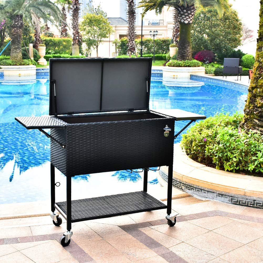 2026 Sales80 Quart Rattan Rolling Cooler Cart, Portable Wicker Cooler Trolley, Backyard Party Drink Beverage Bar