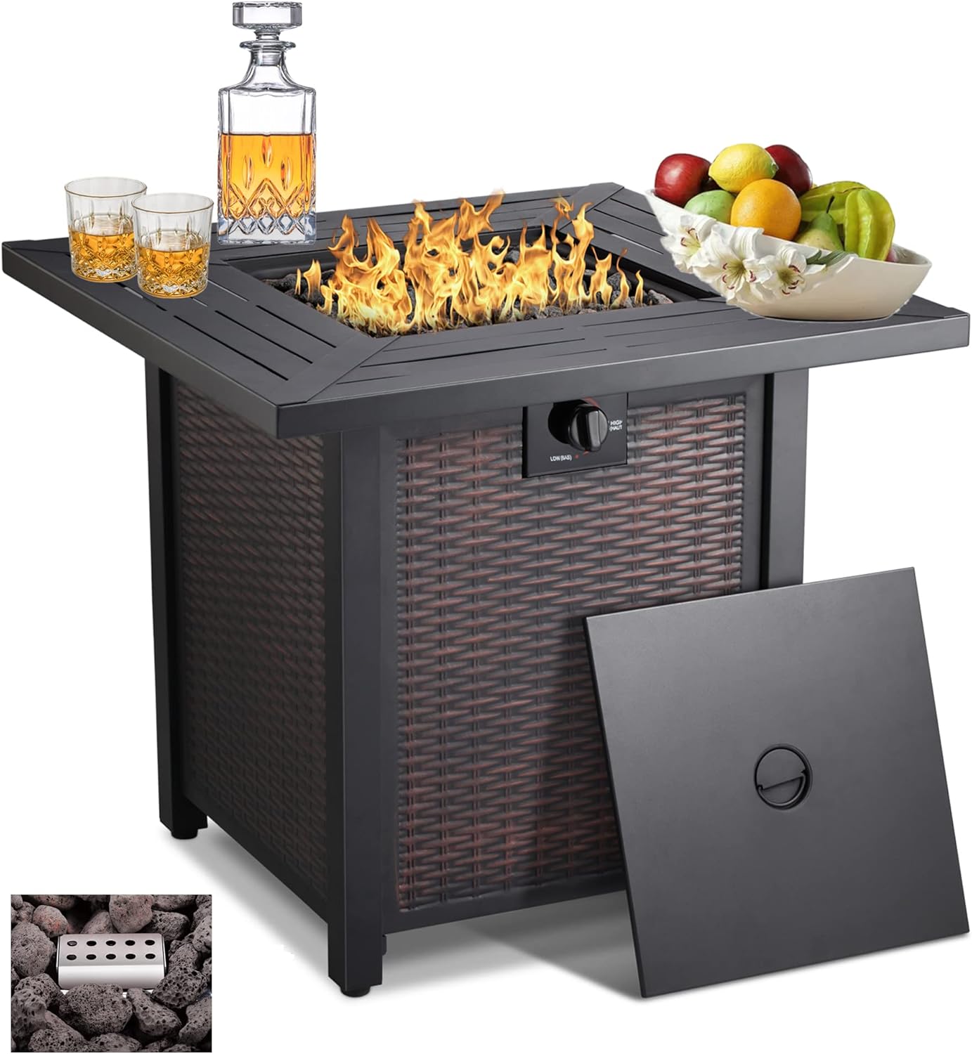 2026 Sales28-inch, 50,000-watt automatic ignition gas fire pit table, CSA-certified, imitation wicker wood material, equipped with a 6.6-pound stone shelf, suitable for gardens/terraces/balconies/backyards.