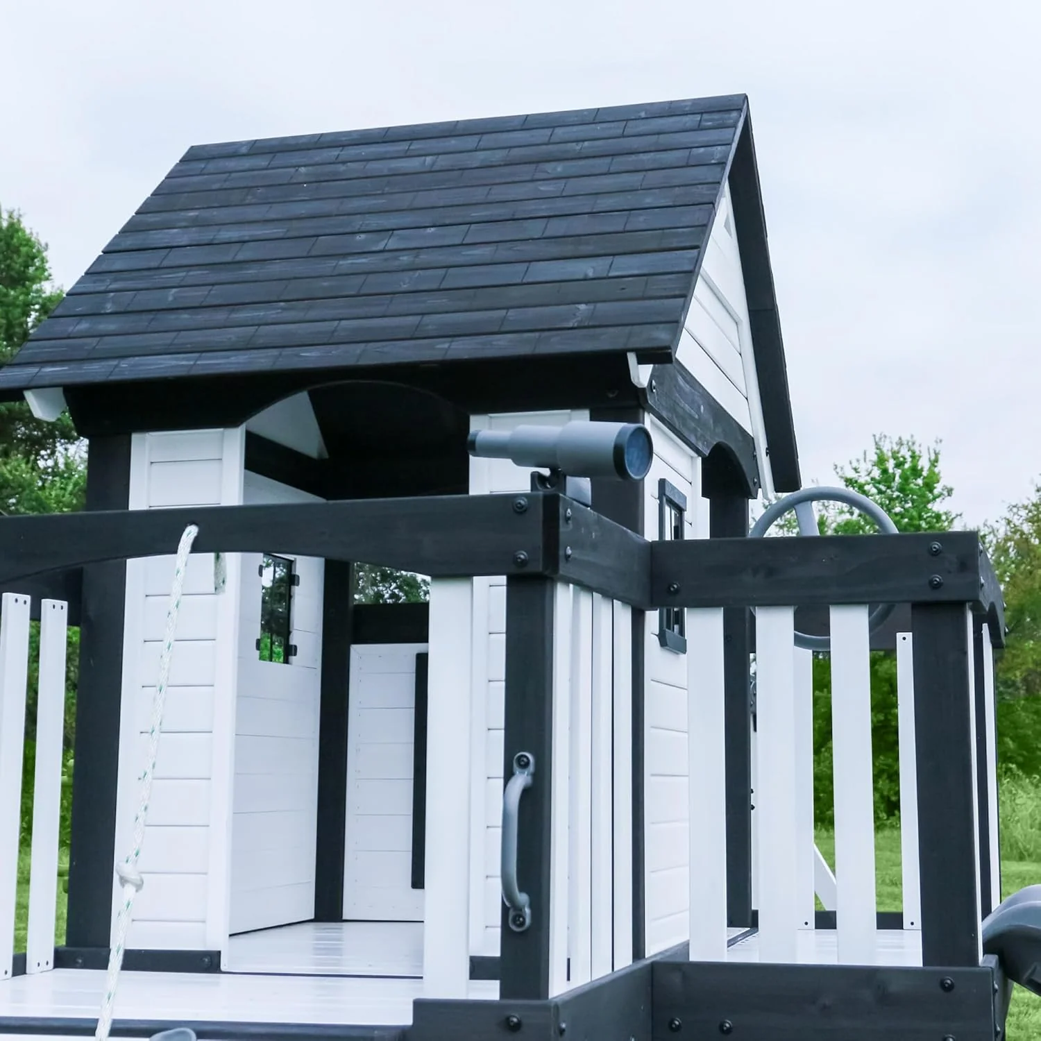 2026 SalesBackyard Discovery Canyon Creek Cedar Wood Swing Set with Wave Slide, Clubhouse, Play Kitchen, Picnic Area, Belt Swings, Web Swing, Rock Wall, Balconies, Playhouse, Step Ladder, Outdoor Playset