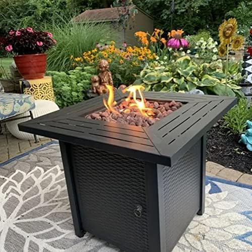 2026 Sales28-inch, 50,000-watt automatic ignition gas fire pit table, CSA-certified, imitation wicker wood material, equipped with a 6.6-pound stone shelf, suitable for gardens/terraces/balconies/backyards.