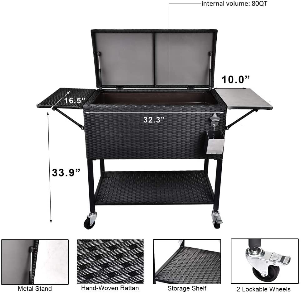 2026 Sales80 Quart Rattan Rolling Cooler Cart, Portable Wicker Cooler Trolley, Backyard Party Drink Beverage Bar