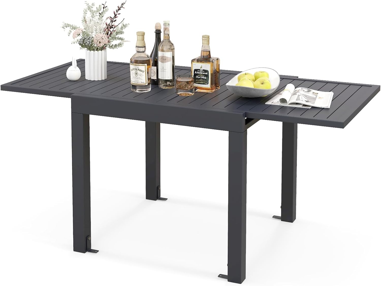 2026 SalesExtensible outdoor dining table, patio table, all-weather aluminum frame, large rectangular lawn backyard garden terrace dining table, suitable for 4 to 6 people, dark gray (dark gray, slatted tabletop)