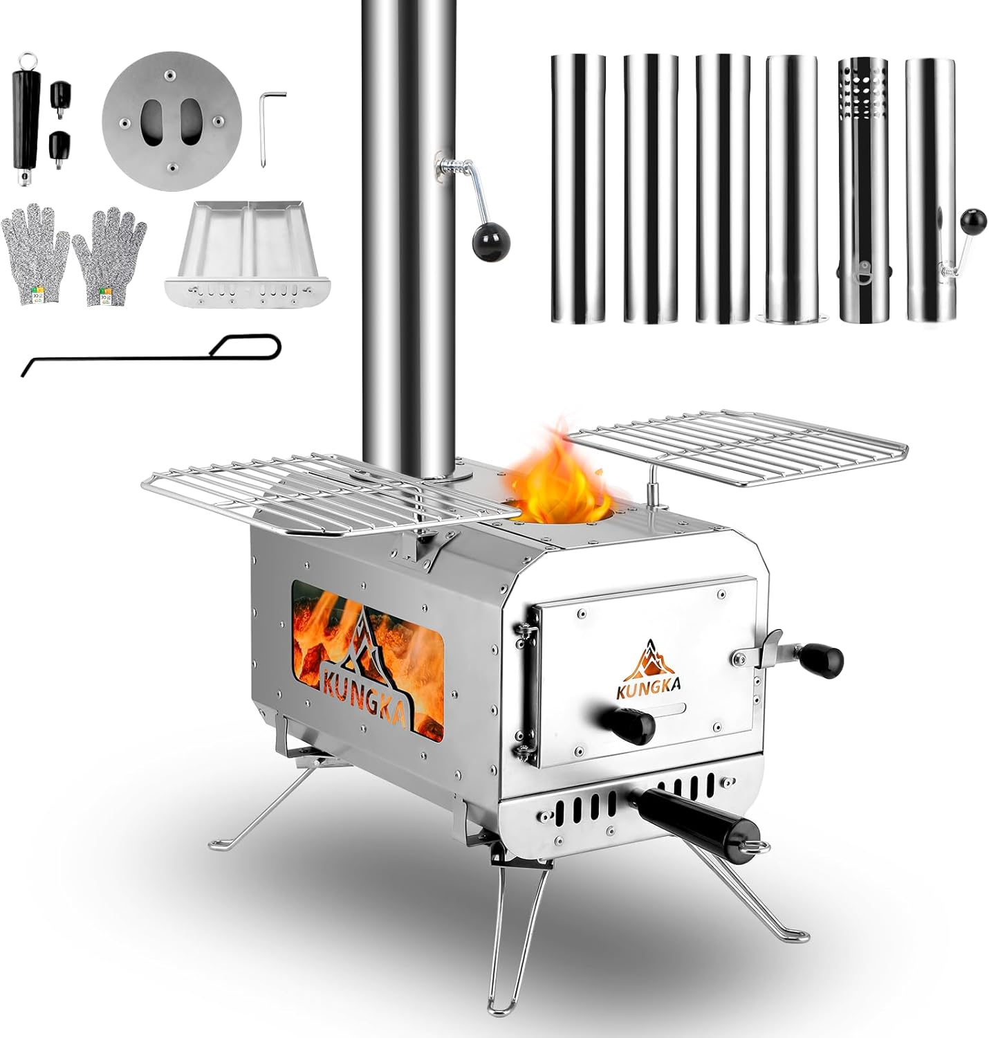 2026 Sales7.3 Foot tall portable wood-burning stove, small stainless steel tent-style heater, equipped with 6 chimney pipes, suitable for outdoor heating, cooking, hunting and ice fishing