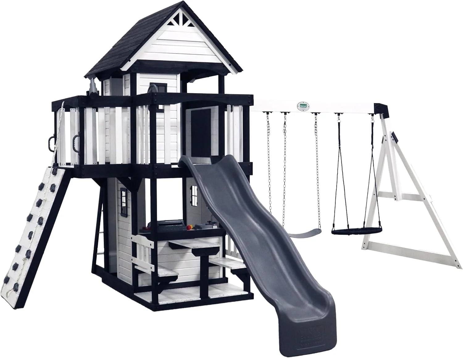 2026 SalesBackyard Discovery Canyon Creek Cedar Wood Swing Set with Wave Slide, Clubhouse, Play Kitchen, Picnic Area, Belt Swings, Web Swing, Rock Wall, Balconies, Playhouse, Step Ladder, Outdoor Playset